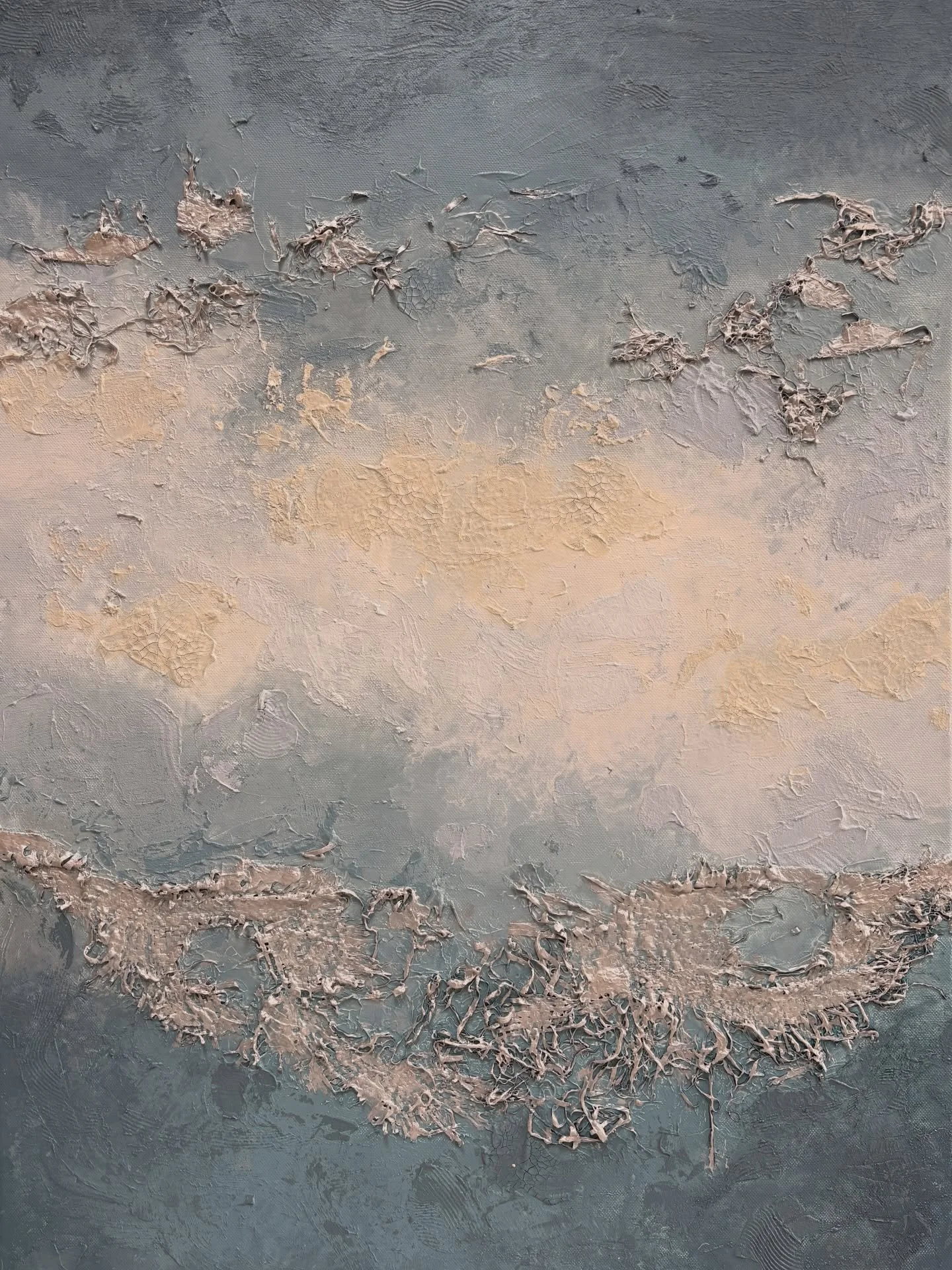 "Morning Light on the Spring Tide"

50x70cm
Acrylic, sand, reclaimed netting, which I collected during a wild winter swim on a remote beach in county Mayo (second video) 
.
#abstractart #irishart #abstractseascape #artcollector #seaswimming