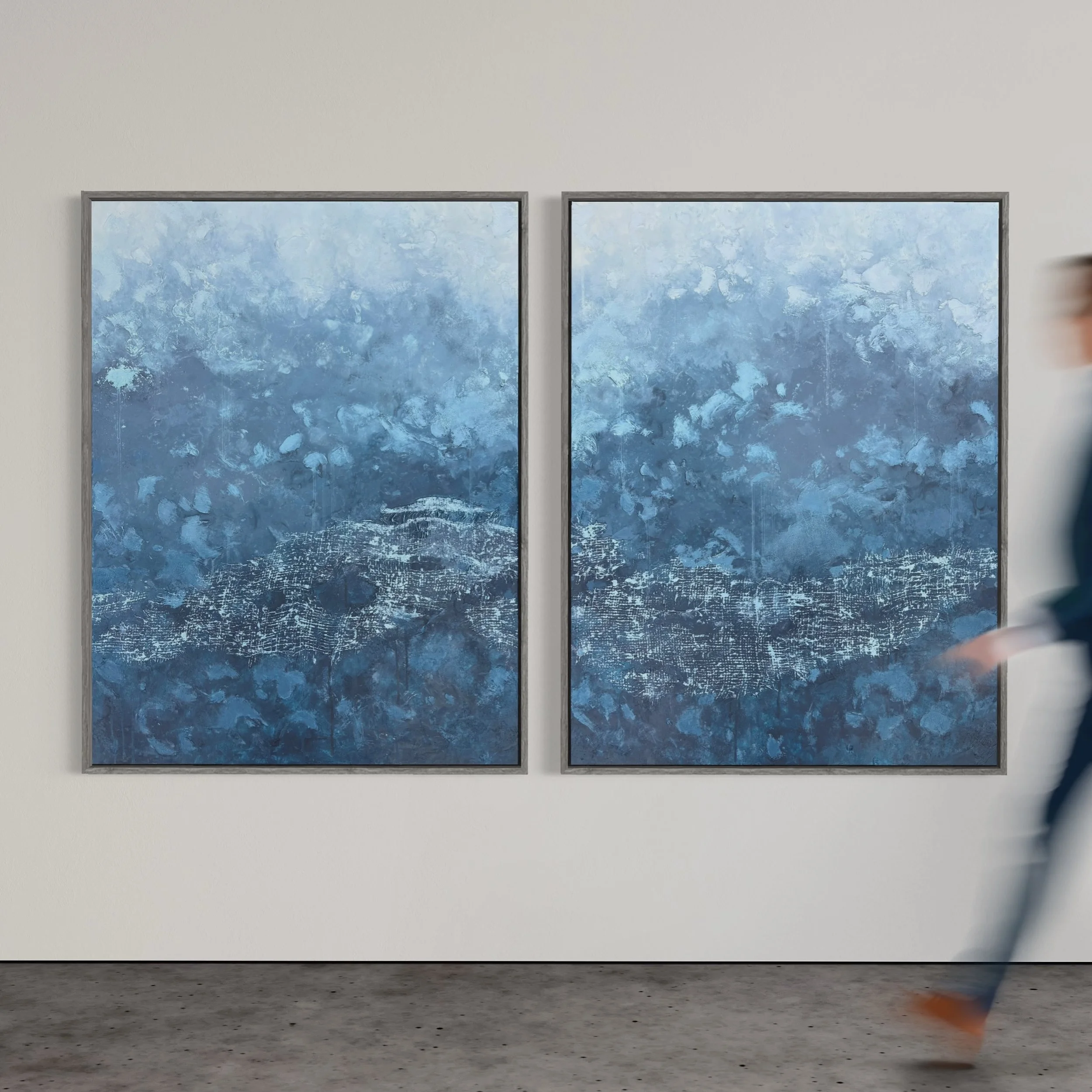 "Moonlit Drift" Diptych 
.
2x 76x100cm 
.
Acrylic, sand, reclaimed netting on canvas 
.
#abstractart #artcollector #abstractseascape #moonlitsea #art