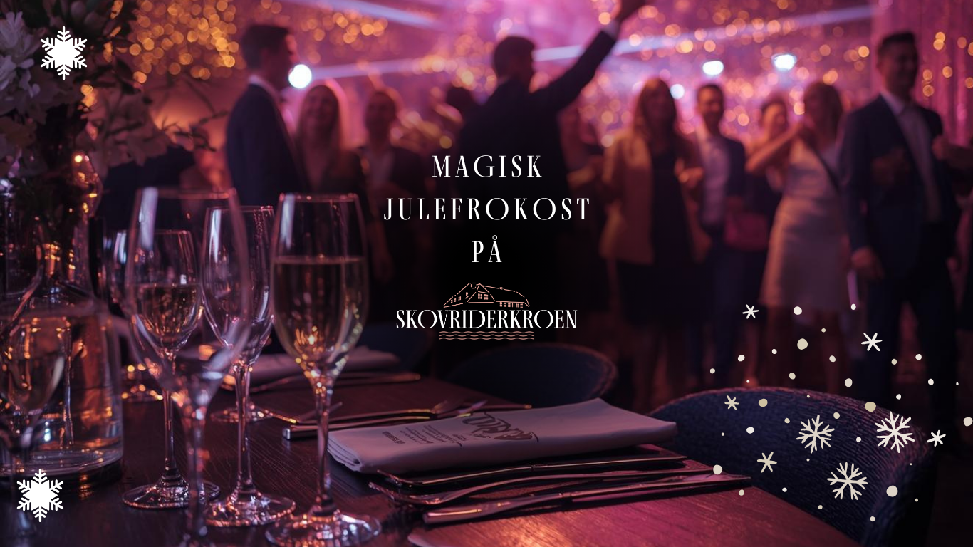 Festligt julebord med champagneglas, gæster danser under julelys på Skovridderkroen.