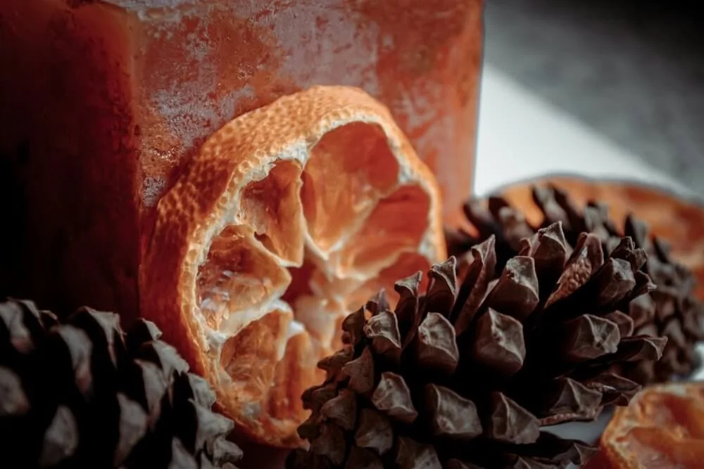 Dekoration med appelsin og kogler - Naturlig juledekoration med tørrede appelsinskiver og kogler.