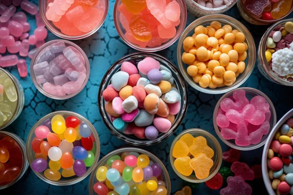 Farverig slikbuffet til festen - Skåle fyldt med farverigt slik til konfirmationen.