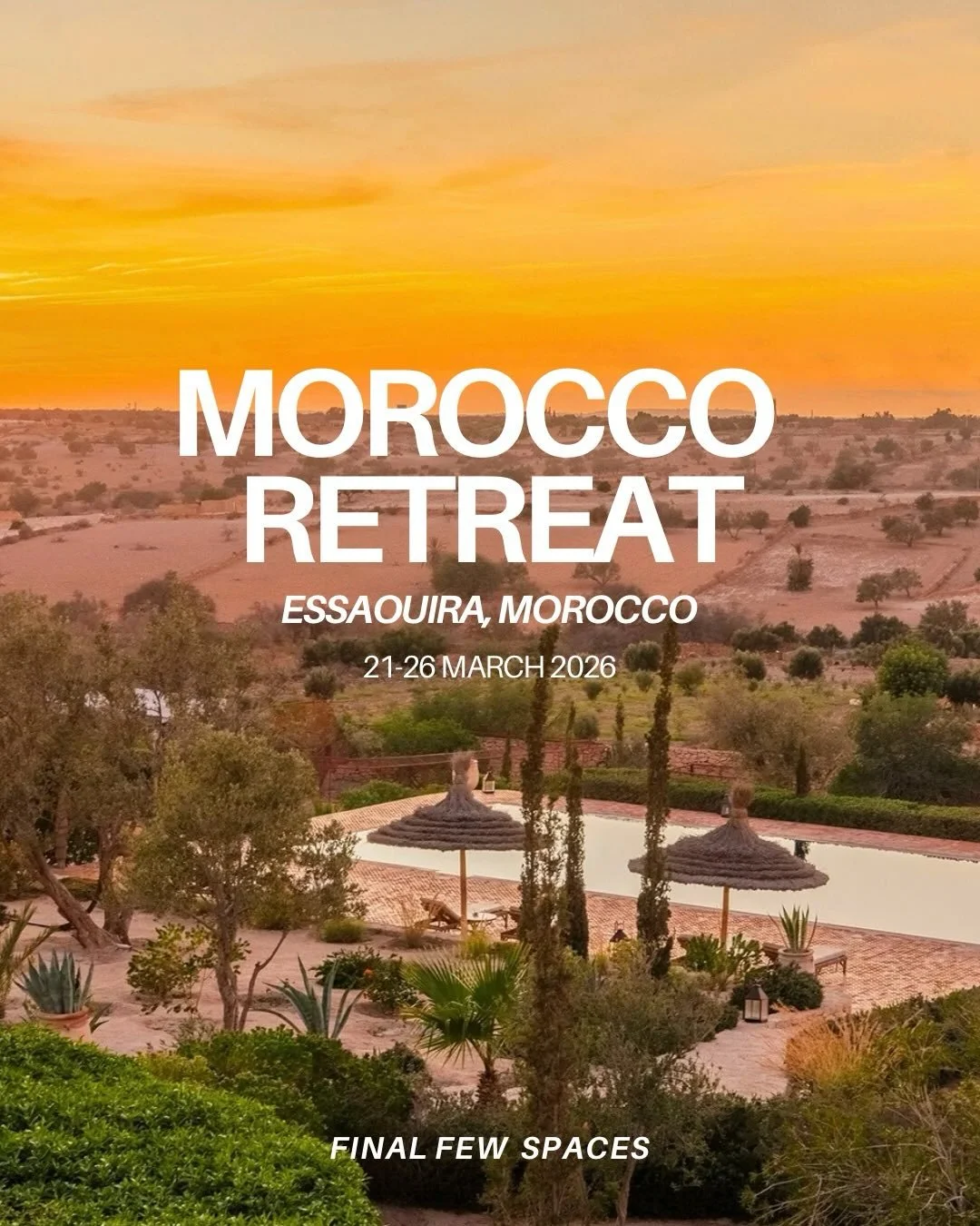 ESSAOUIRA AIR RETREAT 21&ndash;26 March 2026. Final few spaces.

Escape to Morocco with me this March for five nights of space, warmth and ease.

Set in the hills of Essaouira, between the desert and the ocean, this is a place that naturally invites 