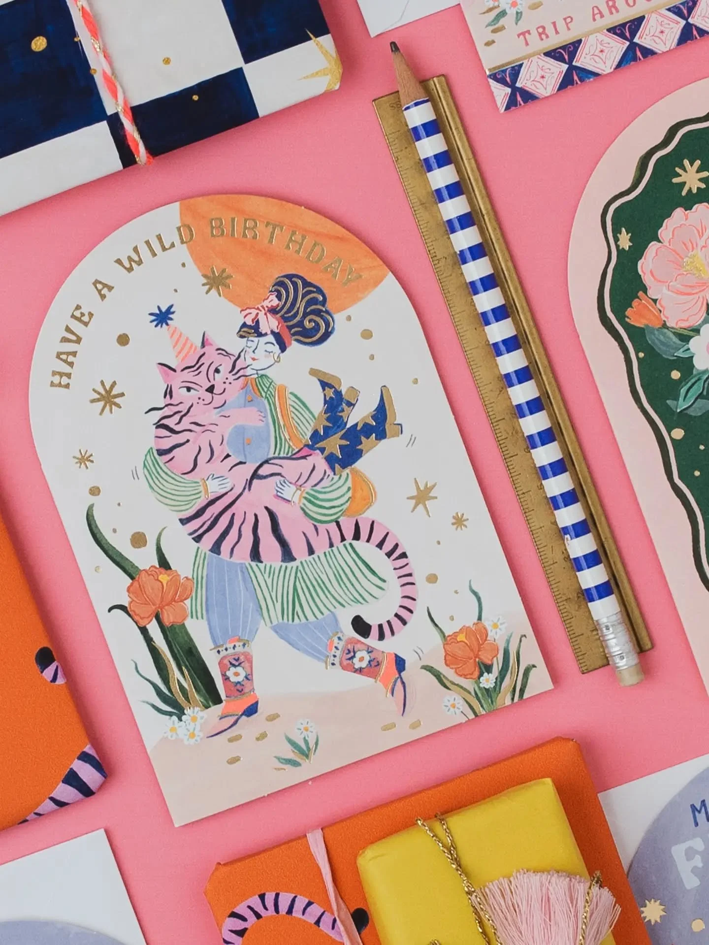 The Pablo Collection ~ An eclectic mix of over-sized blooms, whimsical cats, chequerboard patterns, and decorative tiles. These arched top cards evoke feelings of Mediterranean warm, long summer days and dreamy starry nights. We&rsquo;ve added a touc