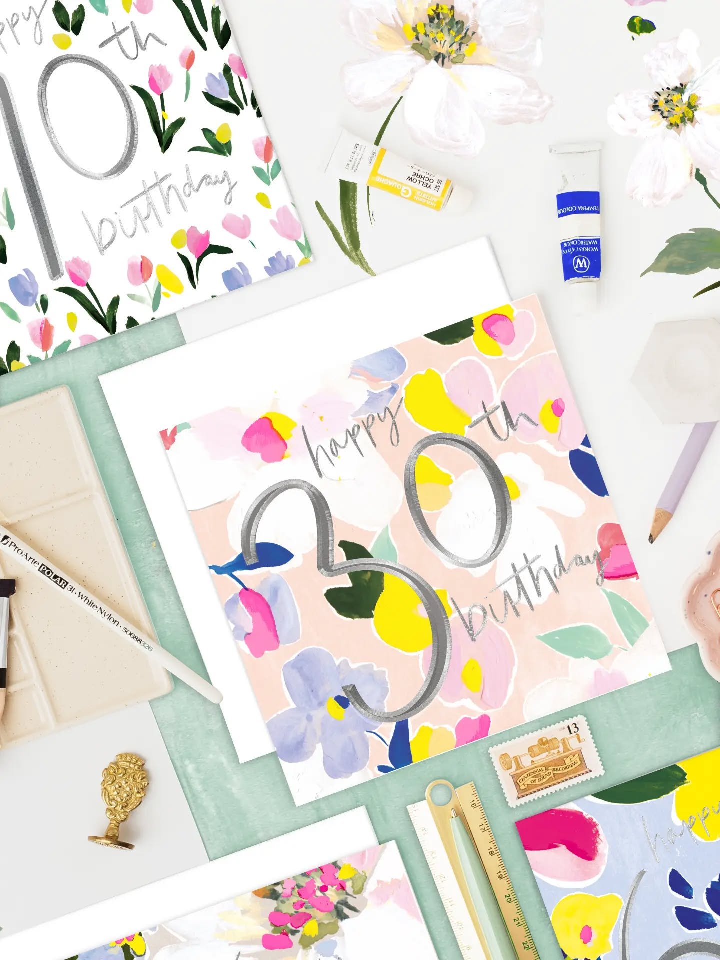 B L O O M 🌸 ~ Our new stand-out floral age range. Hand-painted abstract florals and best-selling birthday icons, these bright, pretty cards are finished with gorgeous fluted silver foil and our signature neon pink ink! 🌸
.
#bloom #hotchpotchlondon 