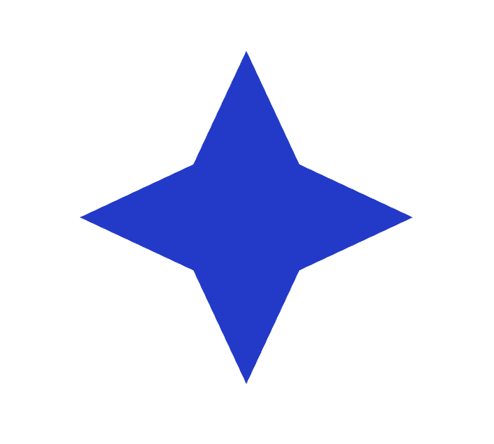 Blue four-pointed star with pointed tips on a white background.