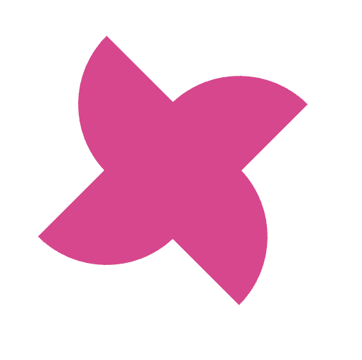 Pink pinwheel with four curved blades on a white background.