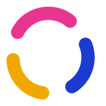 Colorful logo with pink, yellow, blue, and purple curved shapes forming a circle.