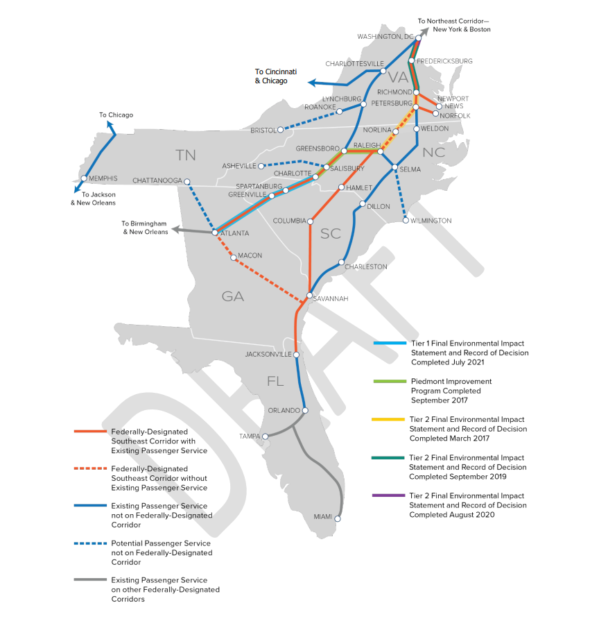 Map of Current and Proposed Passenger Train Routes in Southeast Corridor.
