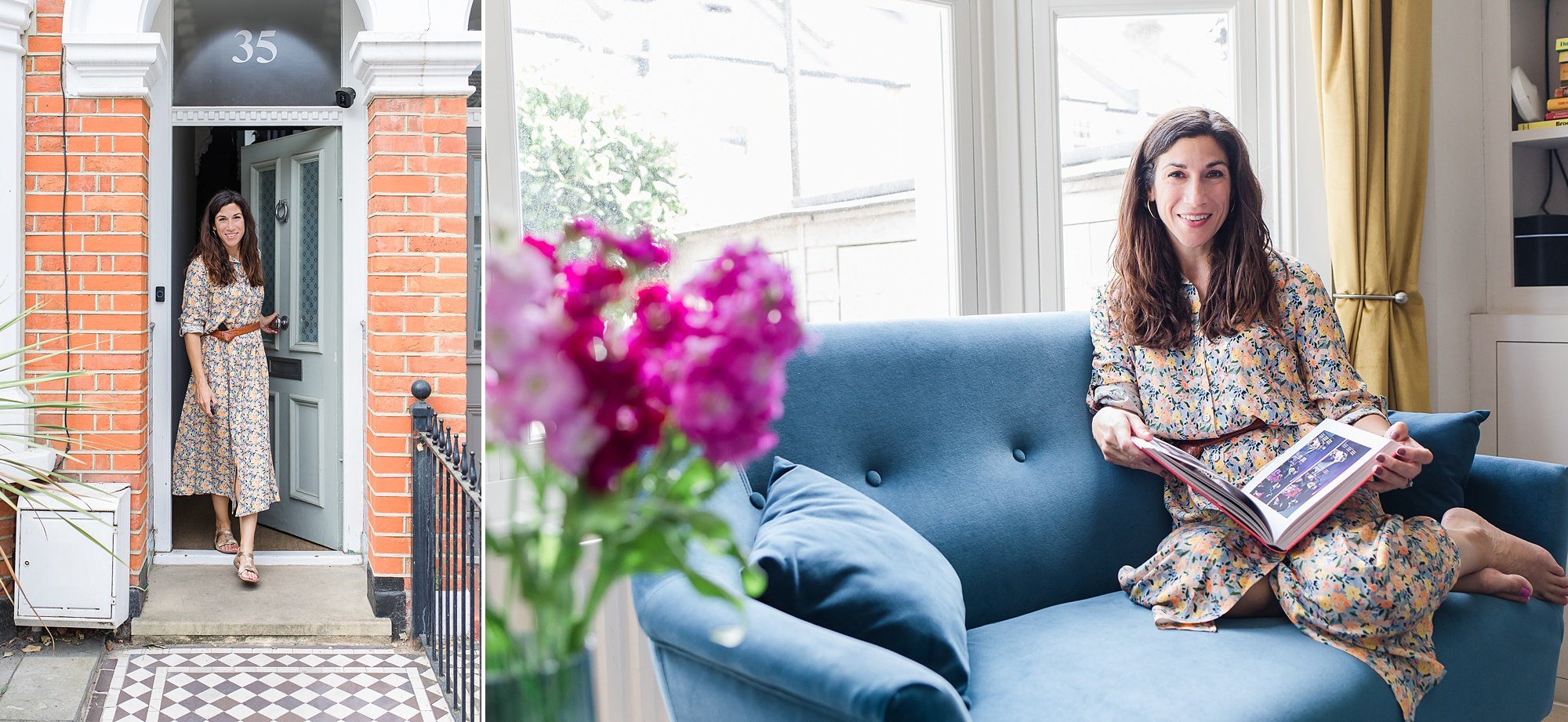woman poses on front porch of London home during UK branding photos 