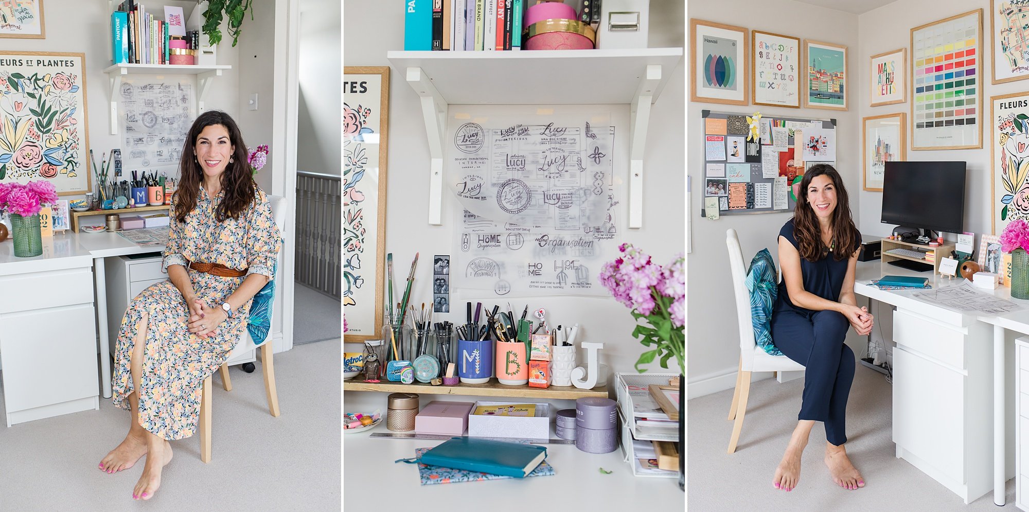 woman sits at desk in home office during London branding photos with Nina Mucalov Photography