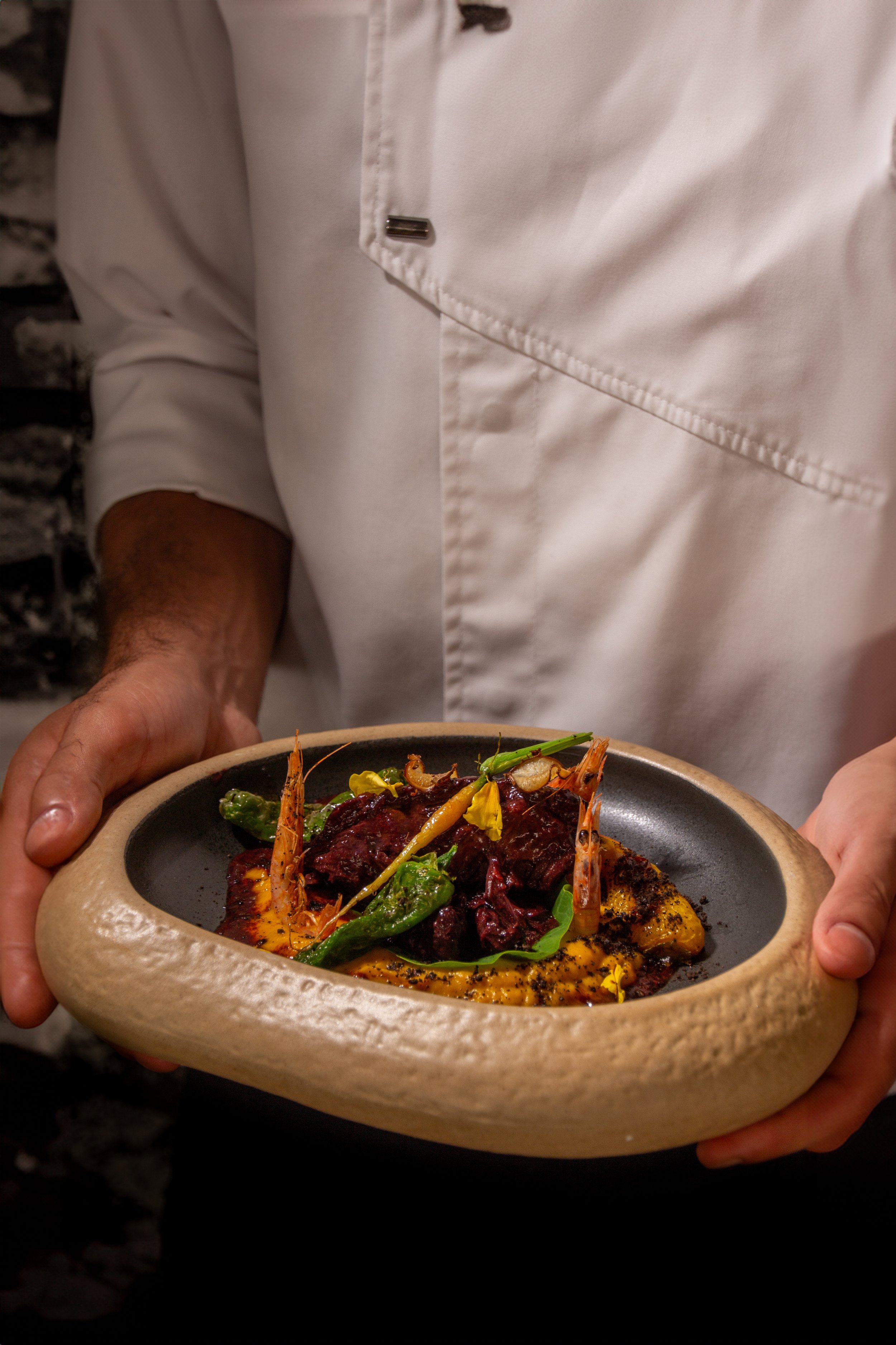 El arte del emplatado se revela en este elegante plato, sostenido por un chef profesional. La fotografía enfatiza la composición equilibrada y la armonía de colores, invitando a los espectadores a admirar cada detalle culinario
