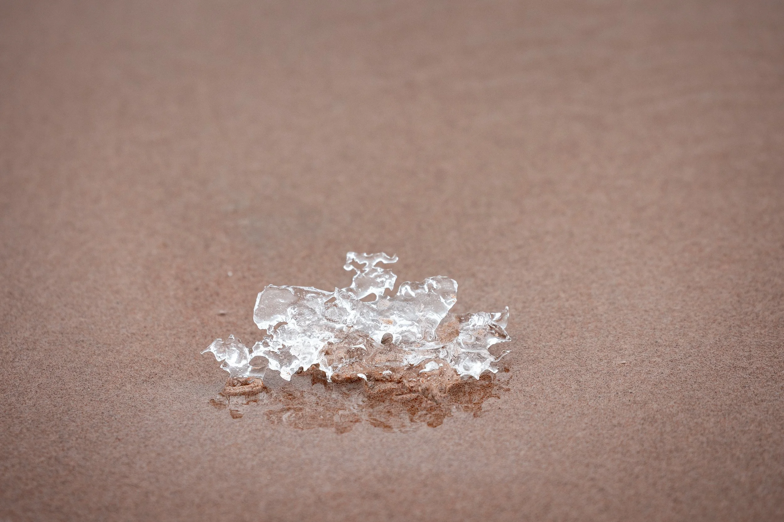 Close-up of a small, transparent glass sculpture on a textured brown background.