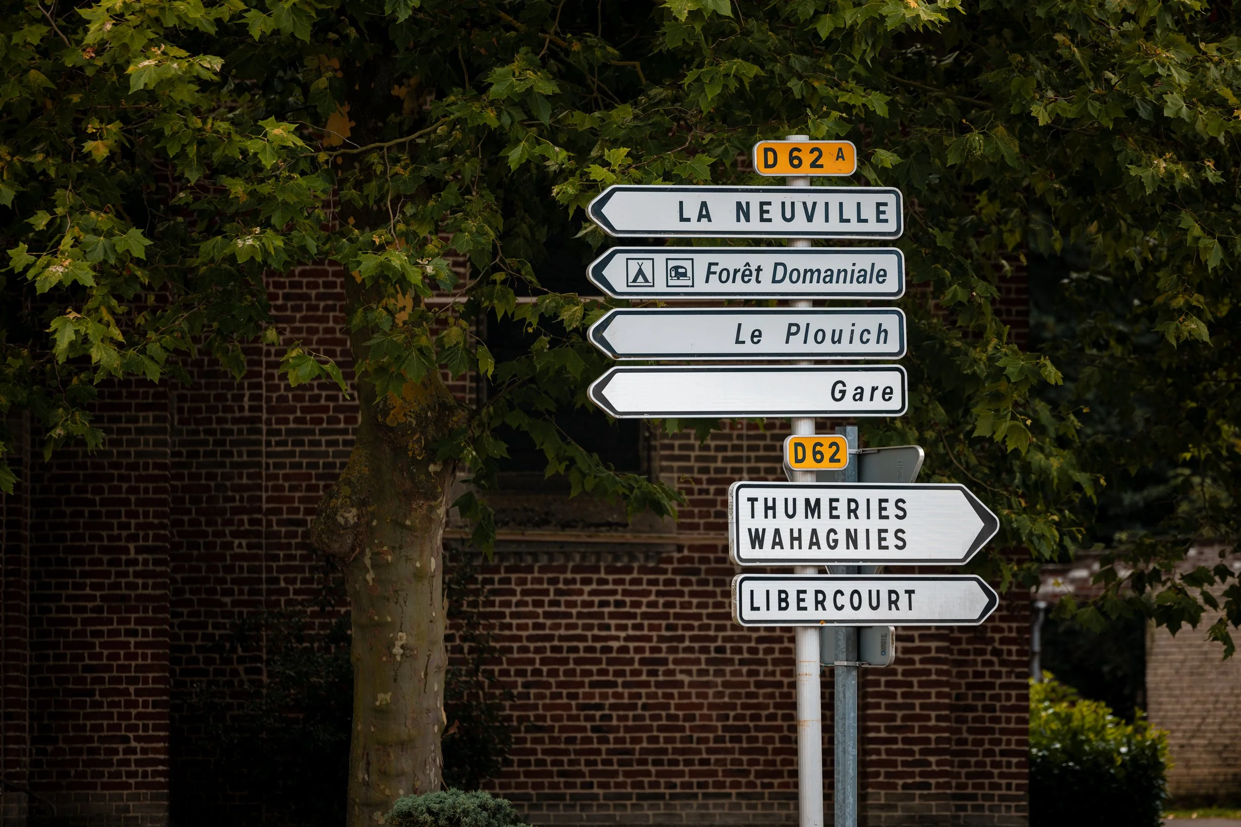 Street signs with directions to La Neuville, Forêt Domaniale, Le Plouich, Gare, Thumeries, Wahagnes, and Libercourt, with a tree and brick building in the background.
