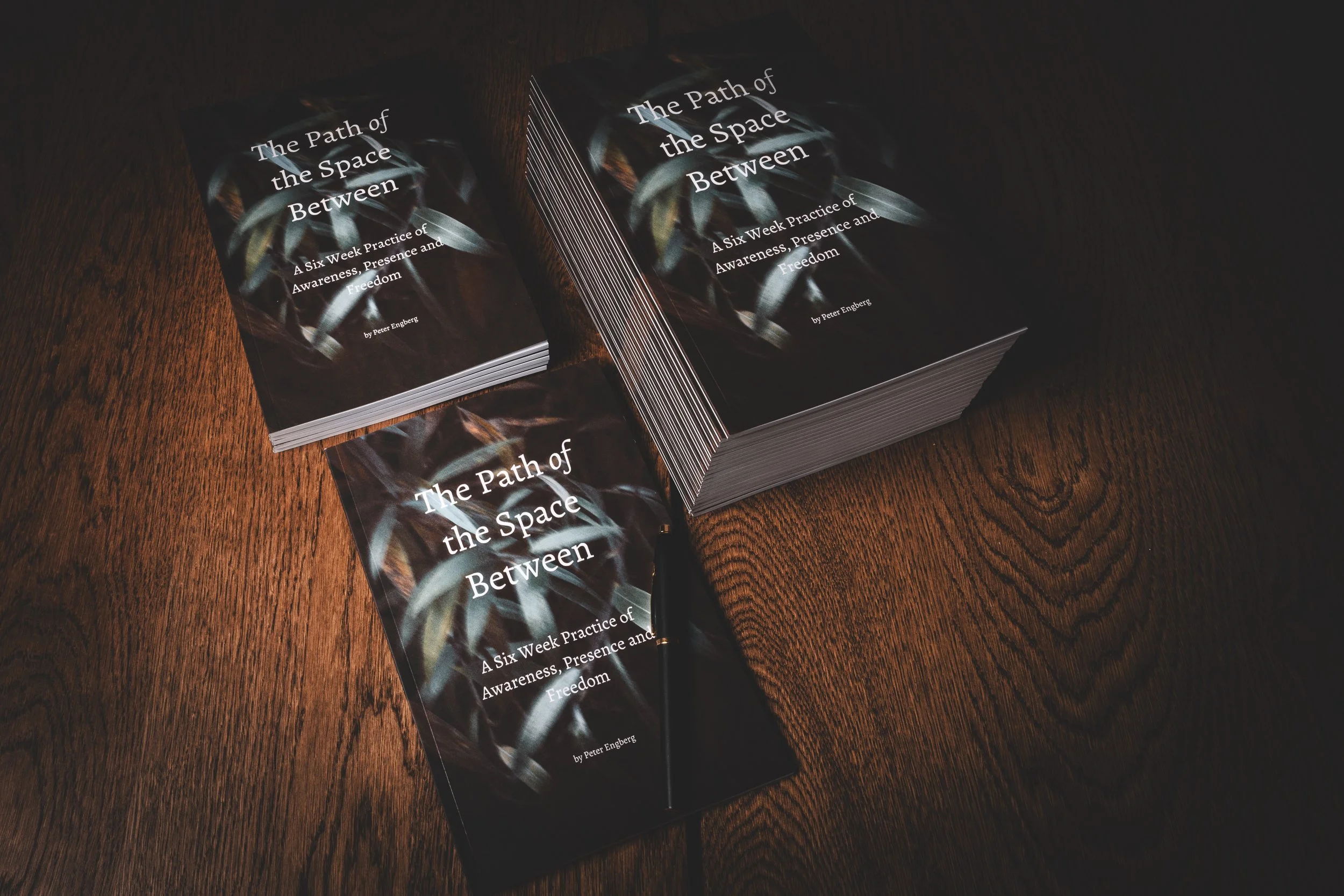 Stacks of a book titled "The Path of the Space Between" on a wooden table, with a pen placed on top.
