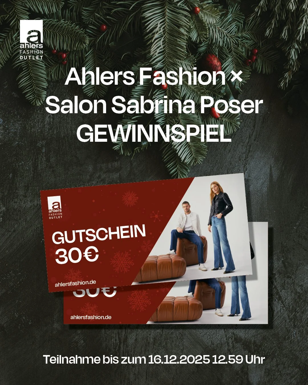 GEWINNSPIEL REMINDER!

Gemeinsam mit @salonposer verlosen wir 2x 30&euro; Gutschein.

Wichtig: Die Teilnahme findet im Original Post vom 13.12.2025 statt. Dort findet Ihr auch die Teilnahmebedingungen.

Mitmachen bis zum 16.12.2025 12.59 Uhr.

Wir dr