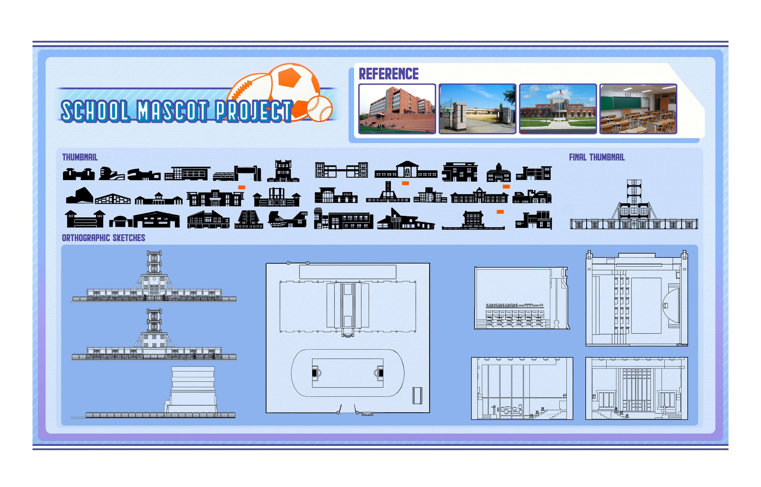 In preparation for scene design, I designed various buildings thumbnails inspired by both Korean schools and American schools. After designing the outside of the building, I chose a design for the final building design. Furthermore, after, the final