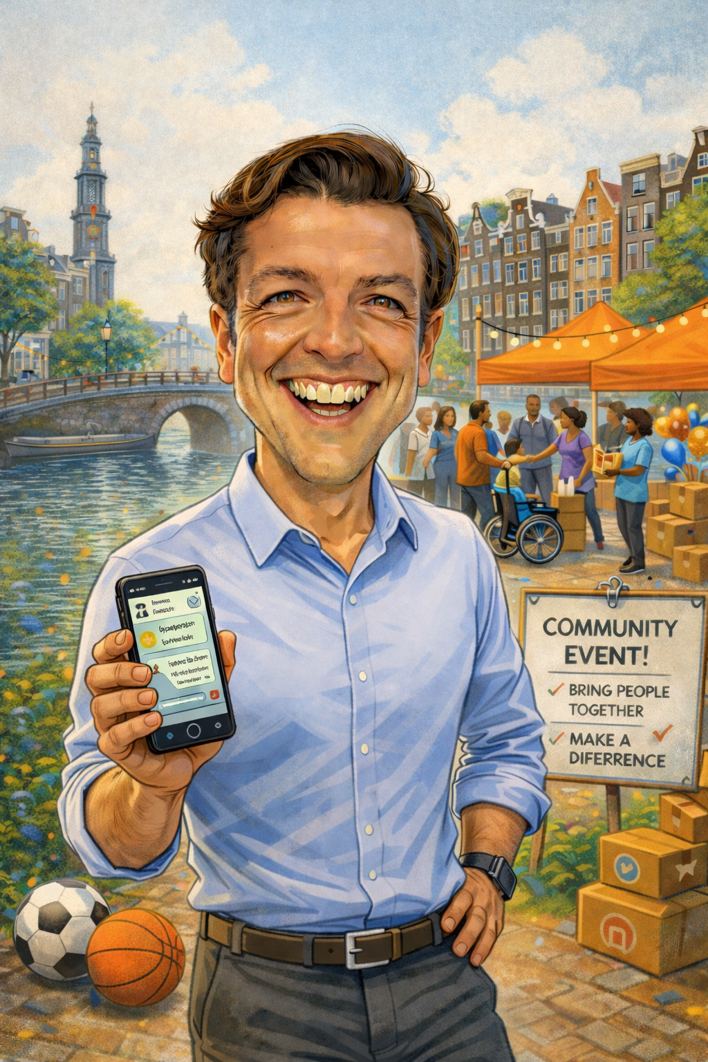 Foto van Rick met mobiel in Amsterdam om contact op te nemen