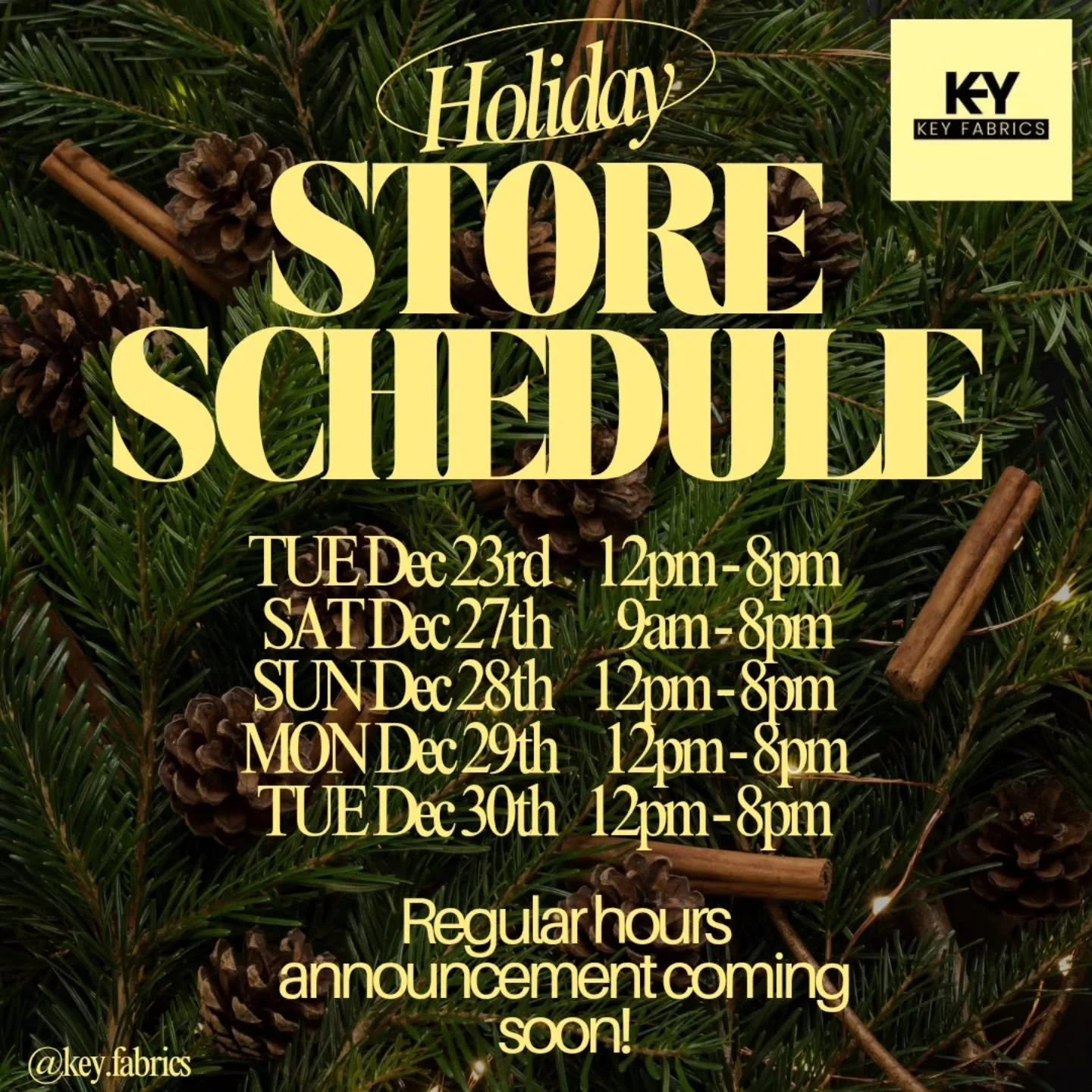 KEY Fabrics will be open on the following dates, starting tomorrow, December 23rd.

Official announcement of our regular store hours coming soon!