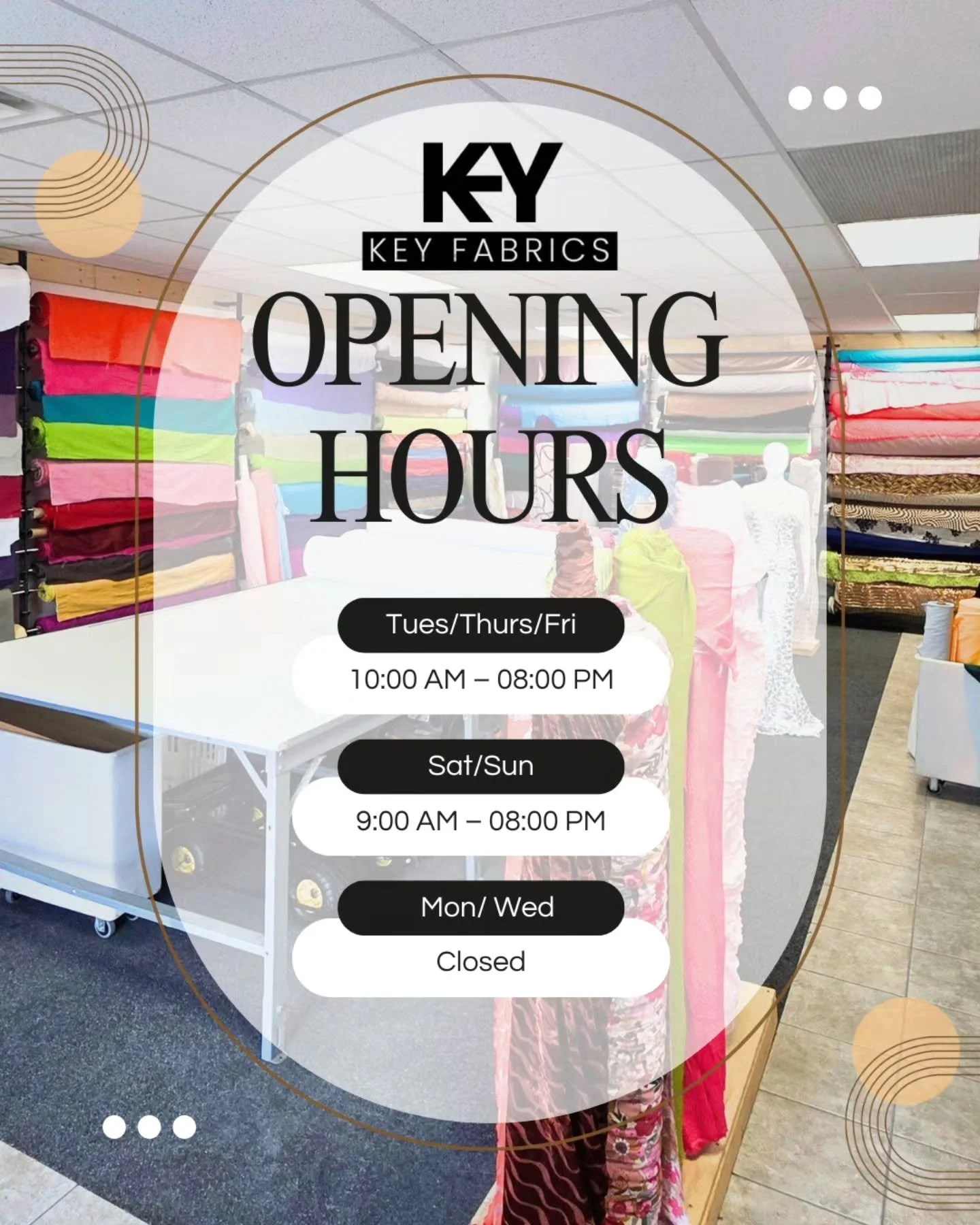 KEY Fabrics is open!

Check out our new hours starting on Jan 2nd!

We will also be open tomorrow Dec 30th 12:00-8:00
and Dec 31st 12:00-6:00.

We look forward to serving your fabric needs in 2026!

#omaha #smallbusiness #fabric
