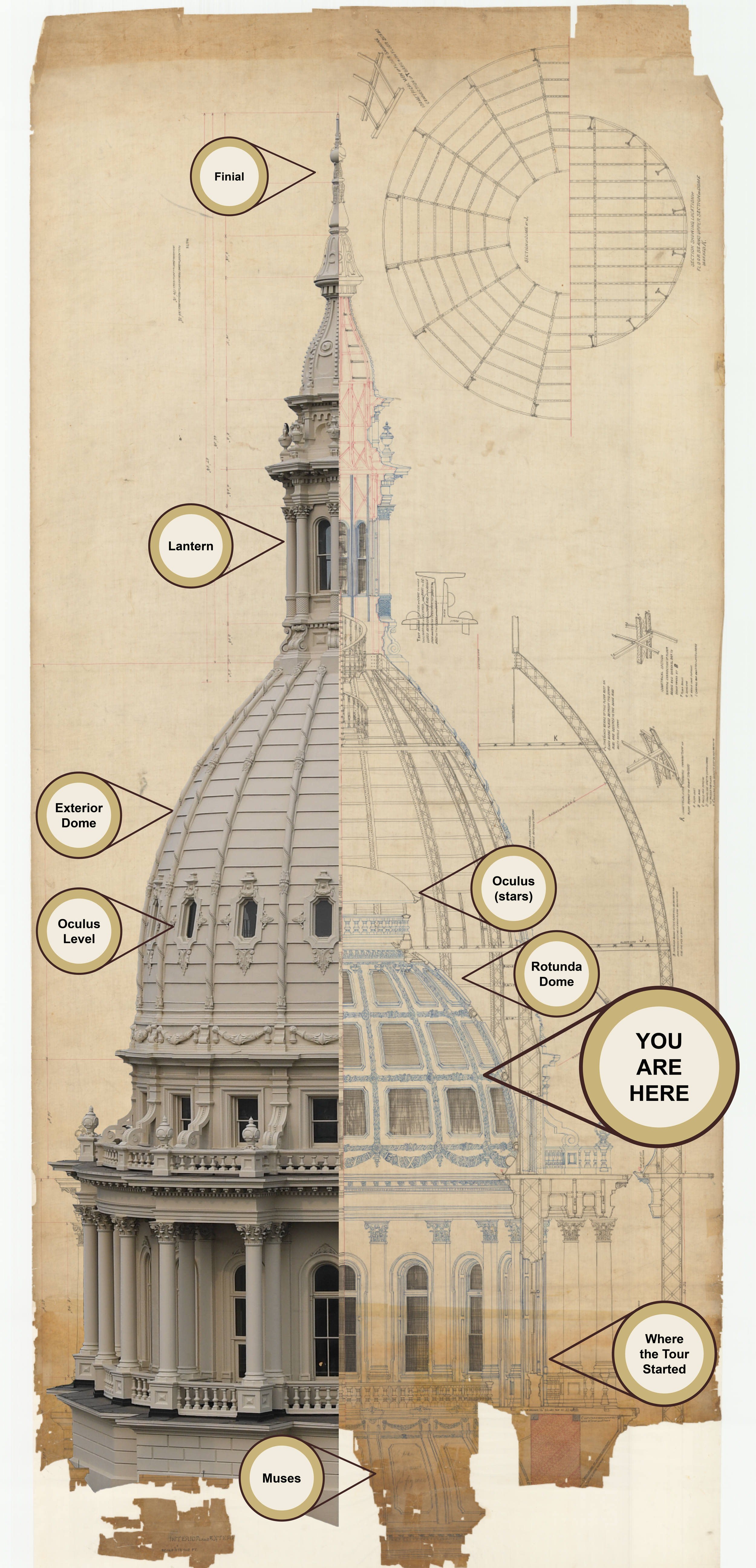 Architectural drawing of the dome with a photo of the dome superimposed over it showing the different levels of the dome with a "you are here" arrow pointing toward the halfway point of the dome.