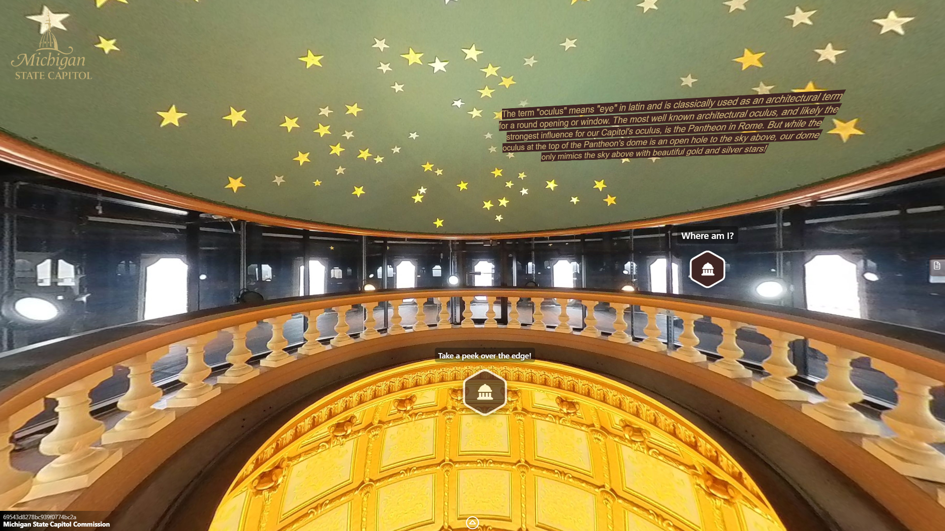 image of the capitol rotunda oculus, an upside bowl with gold and silver stars on a greenish blue background. Below is a circular railing and a large opening to the rotunda below.