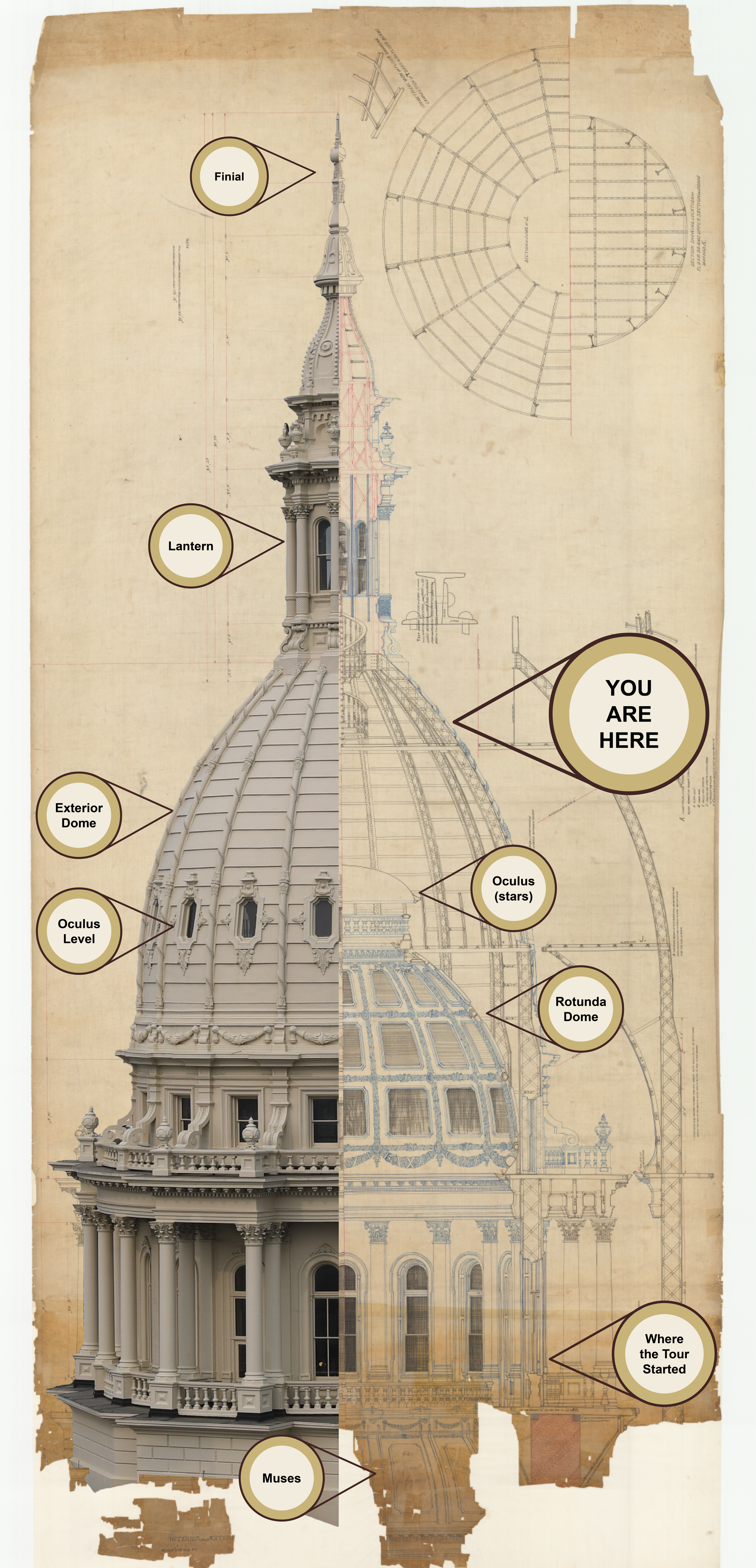 Architectural drawing of the dome with a photo of the dome superimposed over it showing the different levels of the dome with a "you are here" arrow pointing toward the top third of the dome.