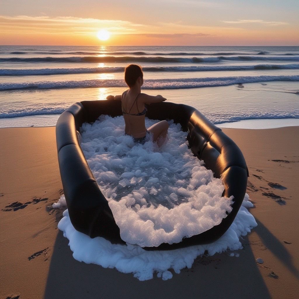 Woman sitting in an inflatable bathtub on a beach, with foam and ocean waves in the background, during sunset.