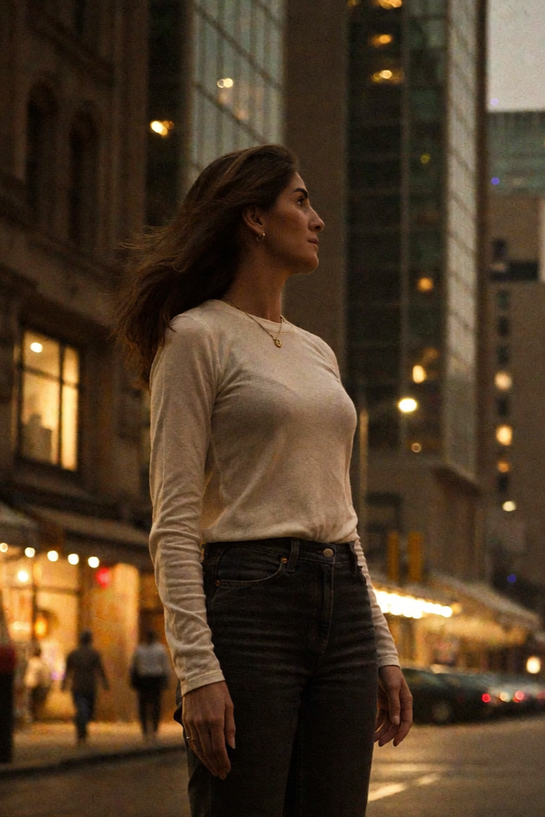 Woman practicing meditation outdoors in a yoga pose, with closed eyes, seated cross-legged on a mat, wearing a blue shirt and black leggings, surrounded by greenery.