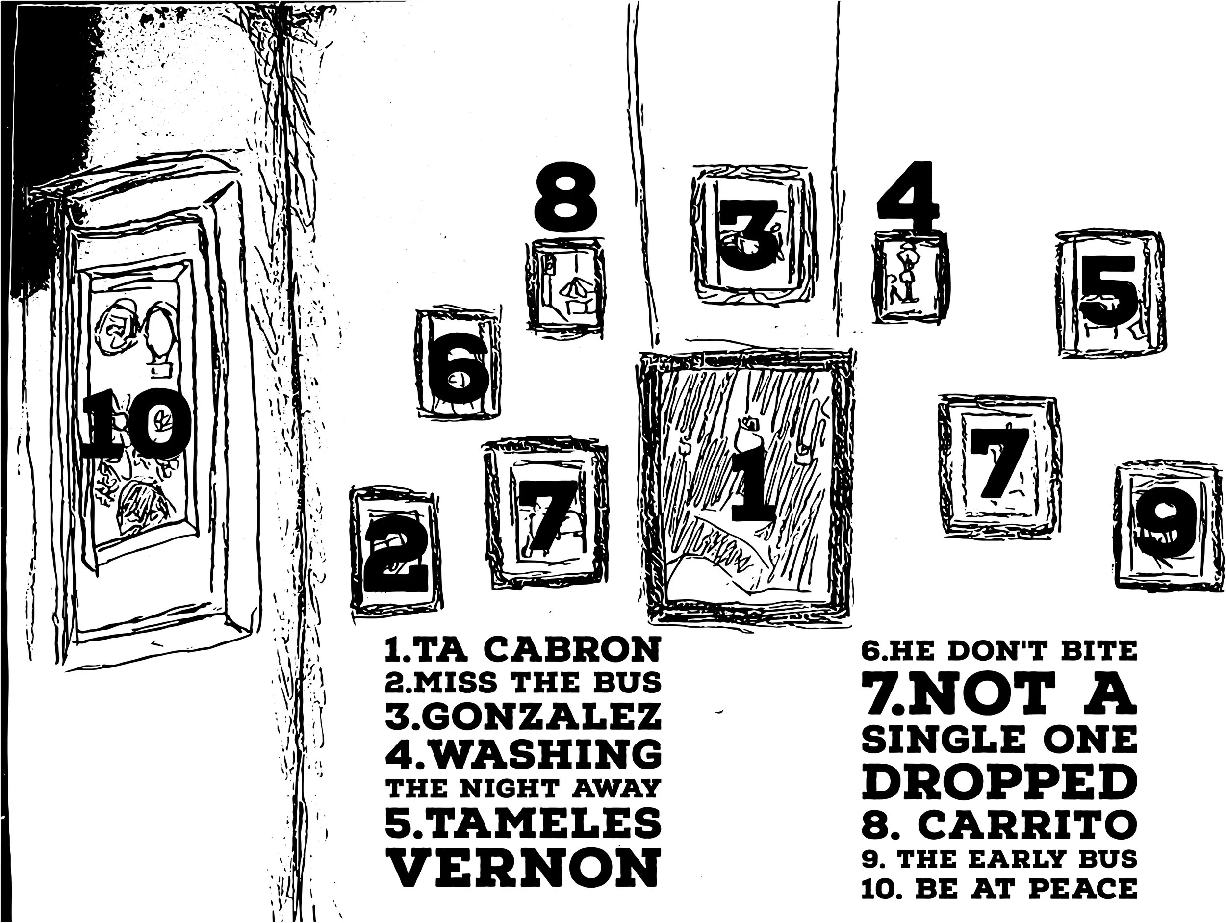 A black and white drawing of a wall with picture frames numbered 1 through 10. To the left is a door with a picture of children. Below the images, there are ten numbered lines of text, each line containing a phrase or name associated with the corresponding number, including references to school, a bus, a person named Gonzalez, washing, tamales, and peace.
