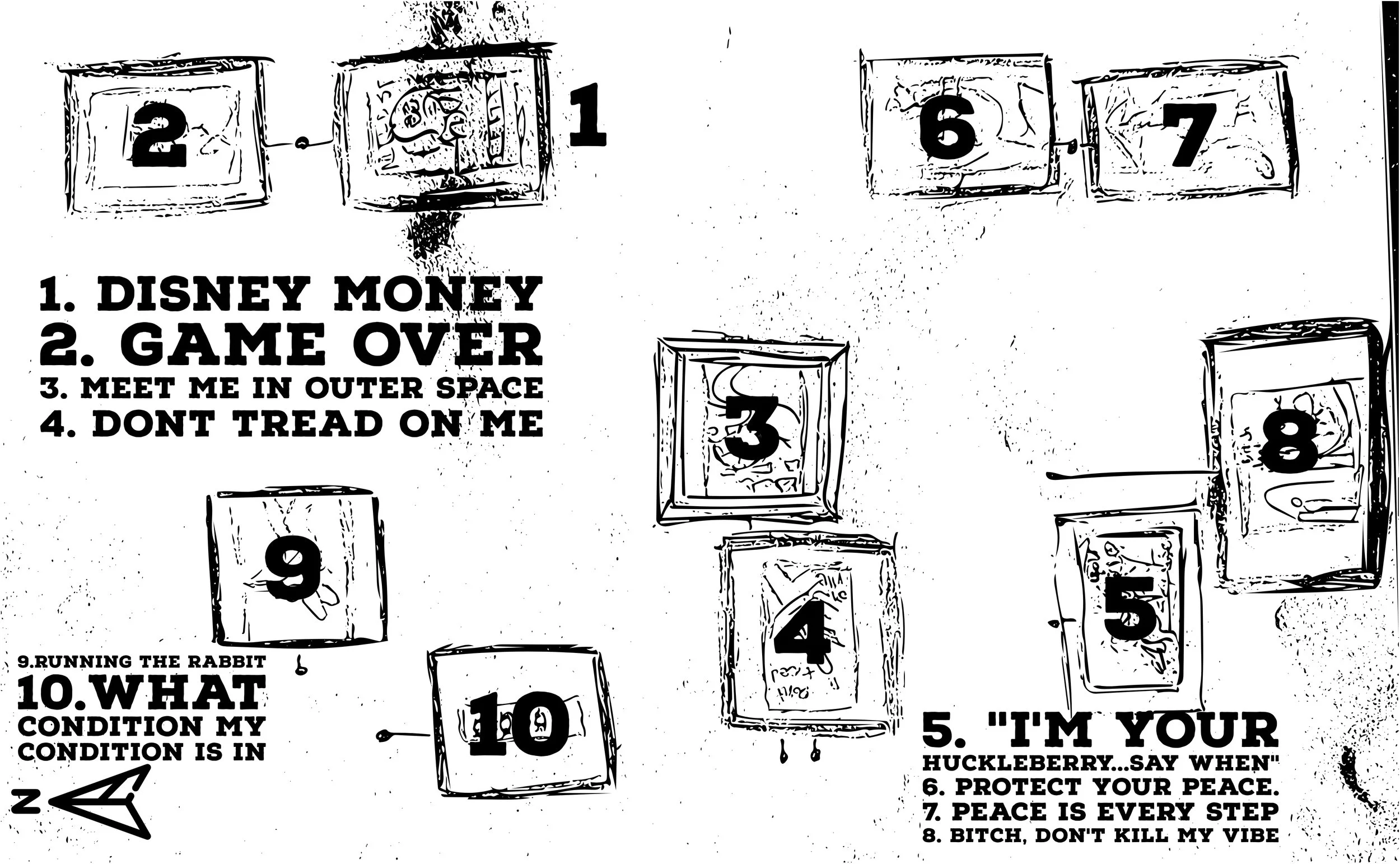 A black and white diagram resembling a game board with numbered squares and accompanying lists of phrases. The phrases include 'Disney Money', 'Game Over', 'Meet me in outer space', 'Don't tread on me', '