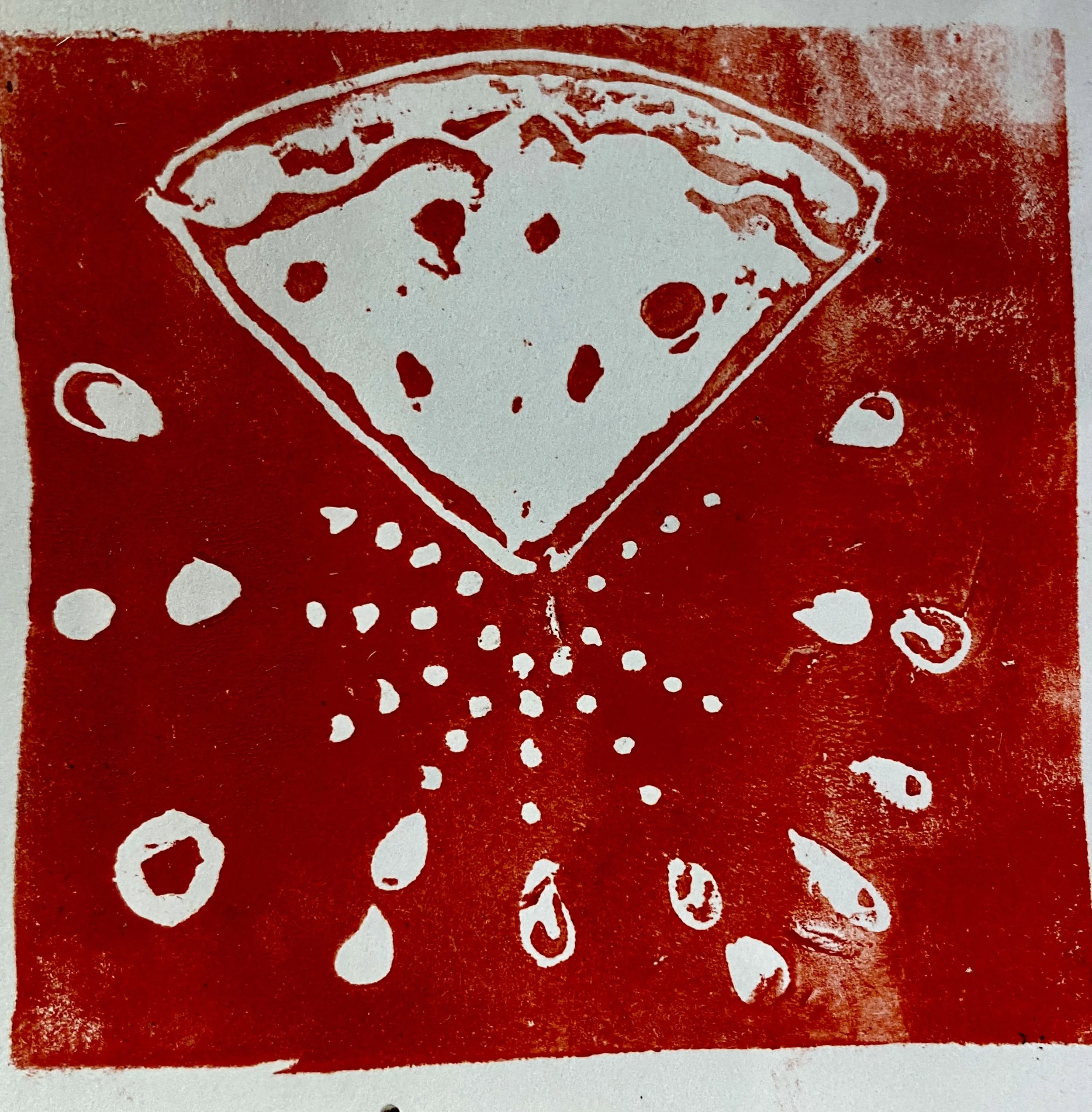La Sagrada Pikza - 2024 Linocut Red Block ink
