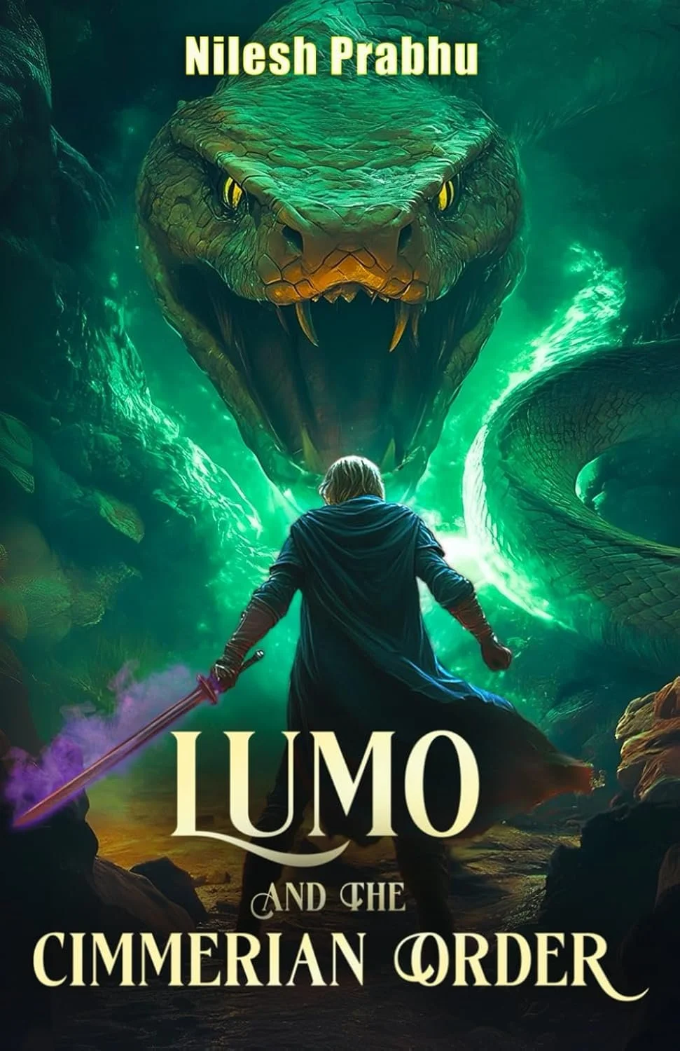 A fantasy book cover featuring a young person with a sword facing a giant green snake with glowing yellow eyes and open mouth, set in a mystical environment. The title is "Lumo and the Cimmerian Order" and the author's name is Nilesh Prabhu.