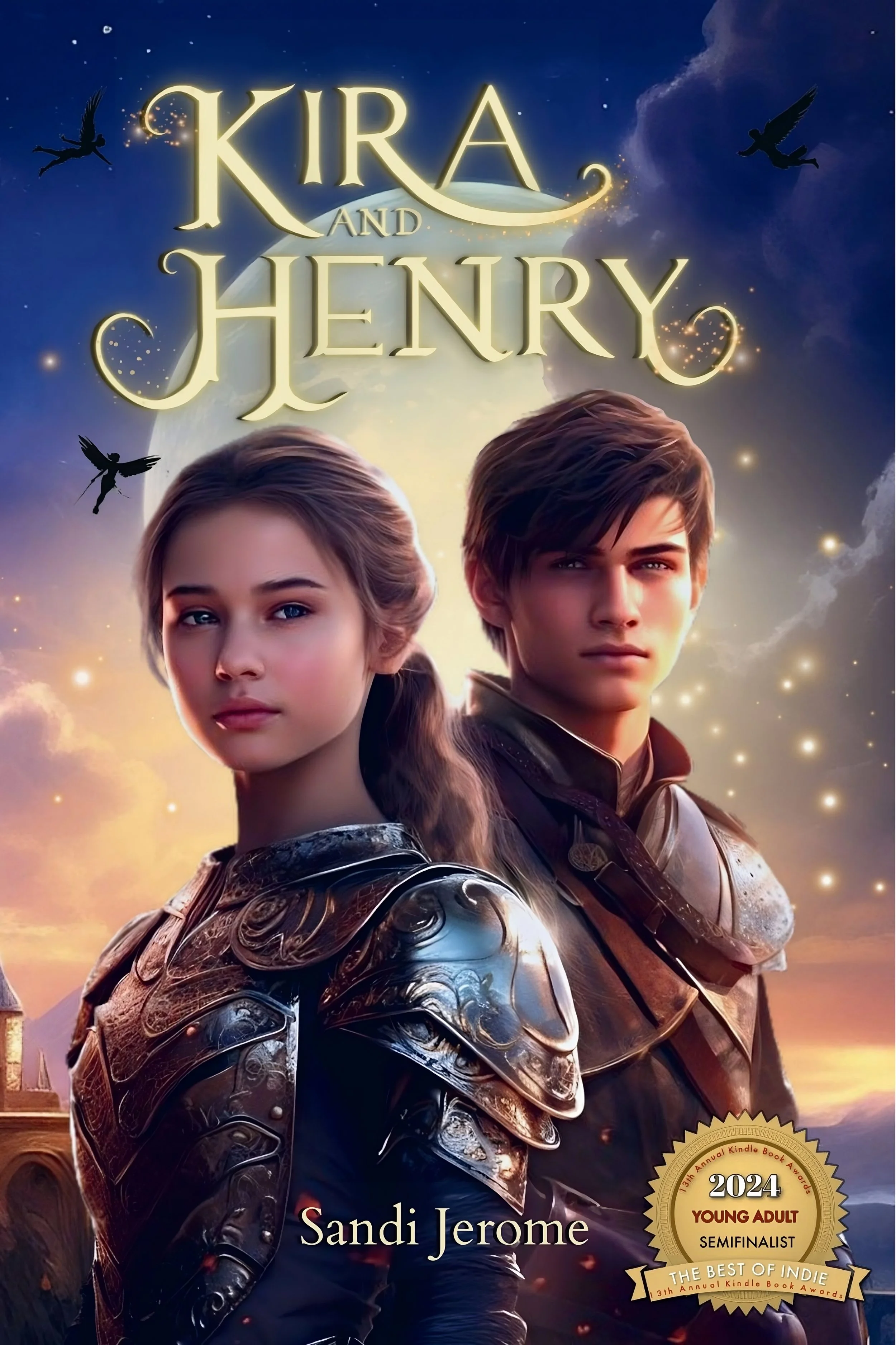 Cover of the book 'Kira and Henry' featuring a teenage girl and boy in armor with a fantasy background including birds, a full moon, and glowing fireflies.