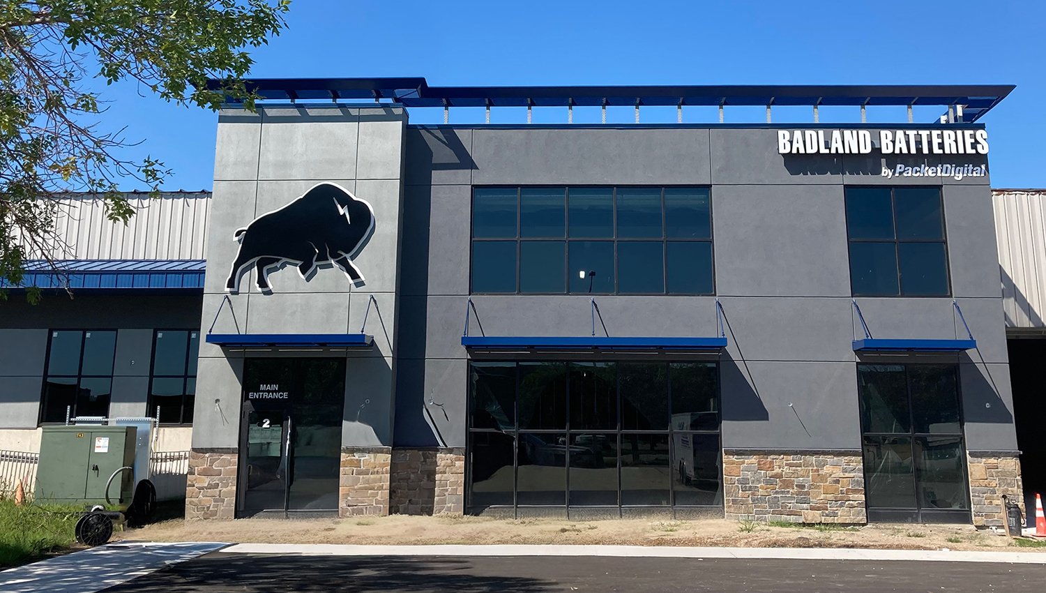 The main entrance to the Badland Batteries cell manufacturing facility located in Fargo, N.D.