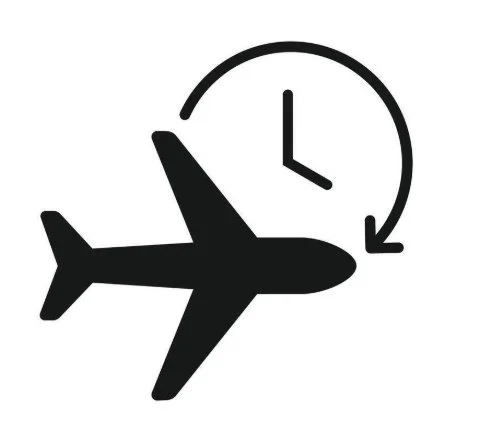 Icon of an airplane with a clock and an arrow indicating time