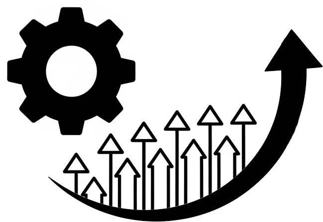 Graphic of a gear, upward arrows, and a curved arrow indicating growth or improvement.