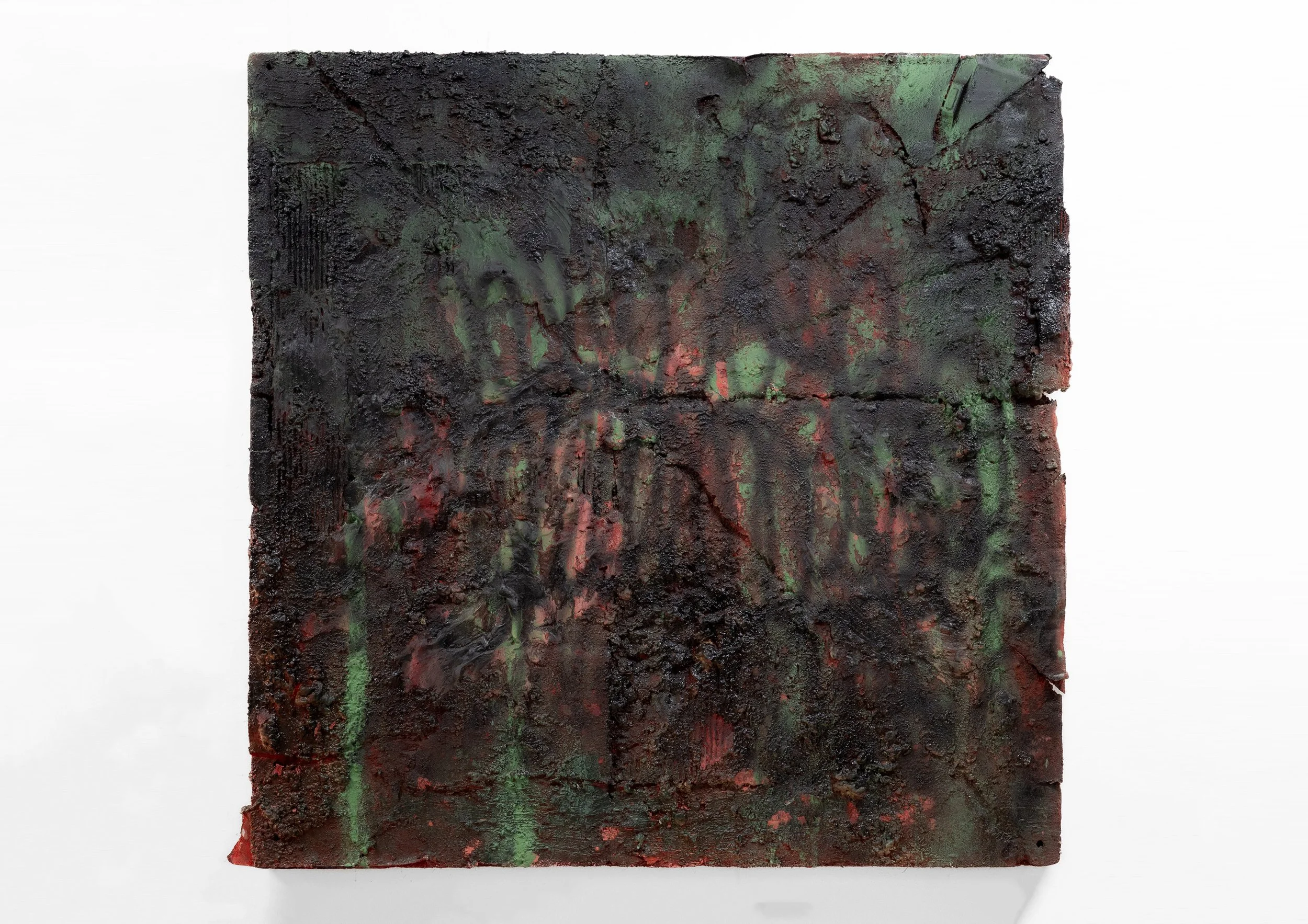 Jaylon Israel Hicks, Ex (Black, red and green), 2025, House paint, spray paint, card board, plaster and spray foam on EPS foam