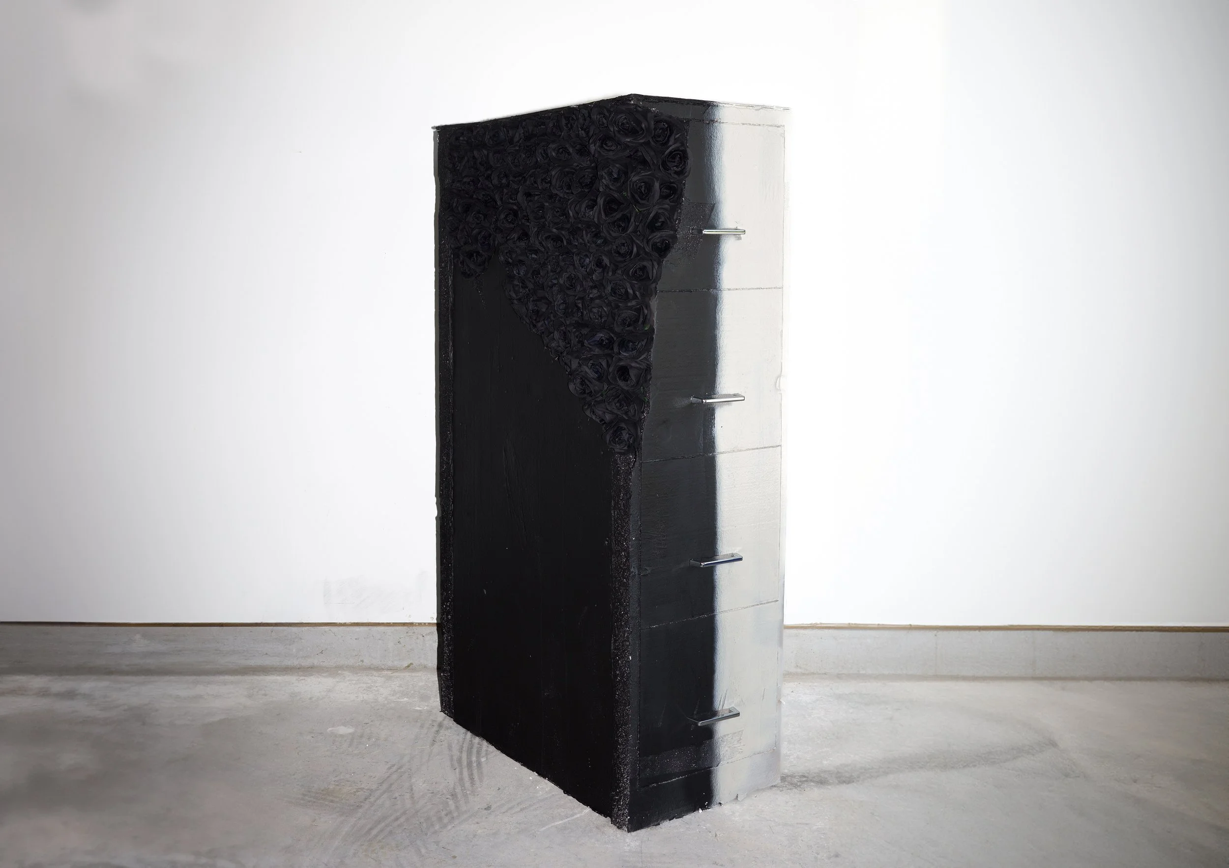 Jaylon Israel Hicks, Untitled (File Cabinet), 2024, EPS and XPS foam, spray paint faux roses and wood