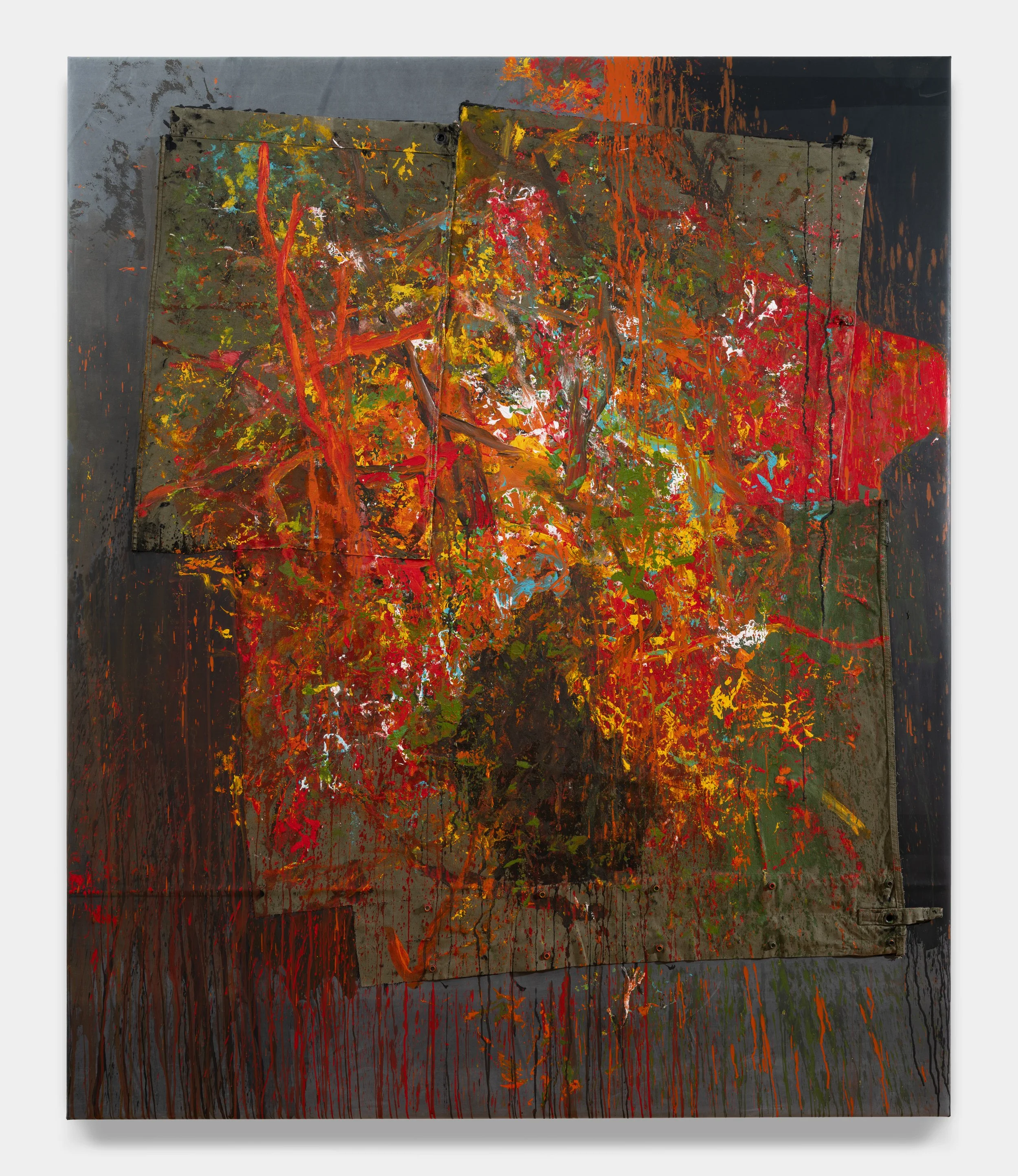 Reginald Sylvester II;
Noa's First, 2026;
Acrylic and drab shelter half on rubber;
182.9 x 152.4 cm;
72 x 60 in.;