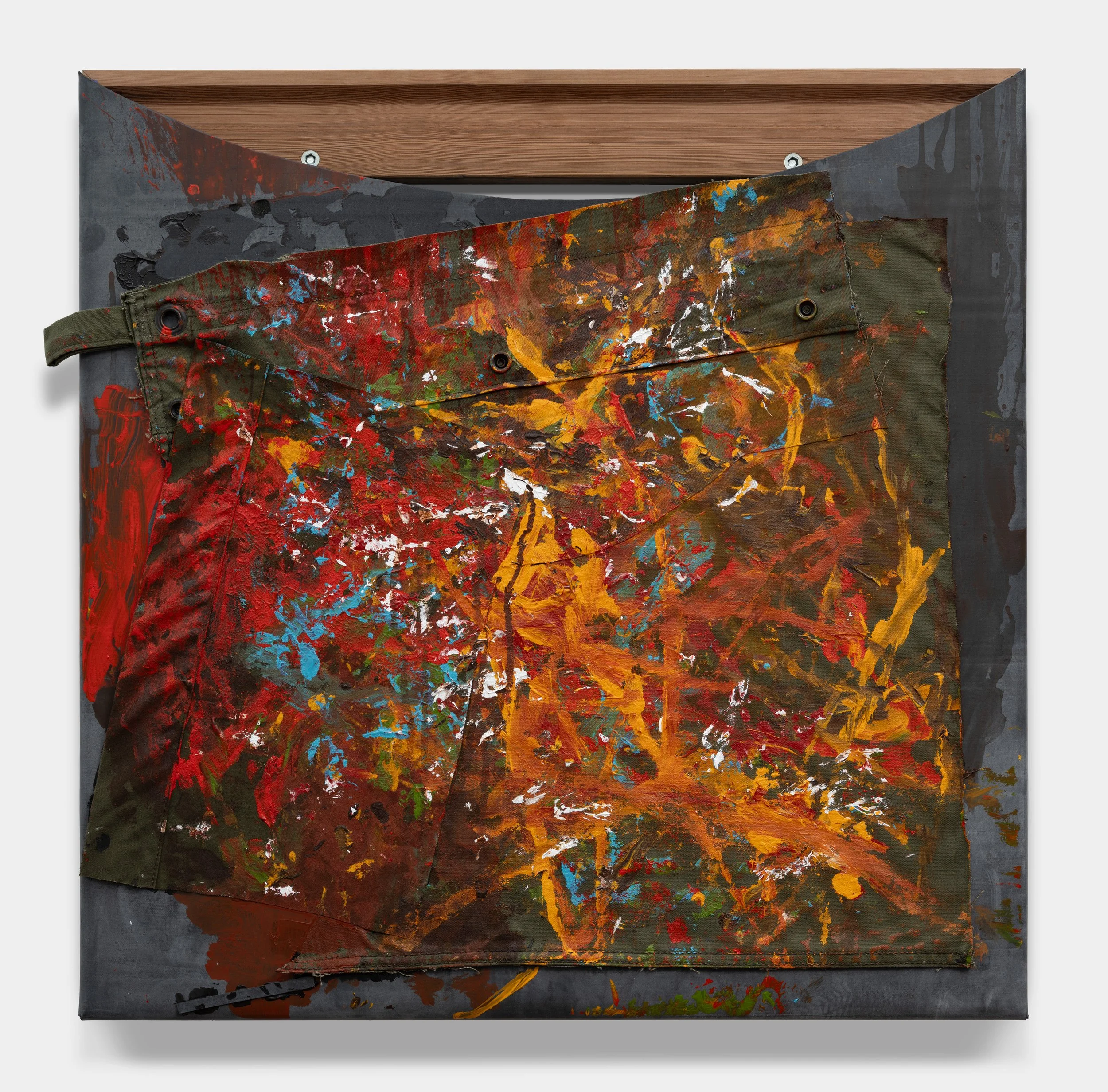 Reginald Sylvester II;
Warfare 003, 2026;
Acrylic on Rubber and drab shelter half with exposed wood;
61 x 61 cm;
24 x 24 in.;