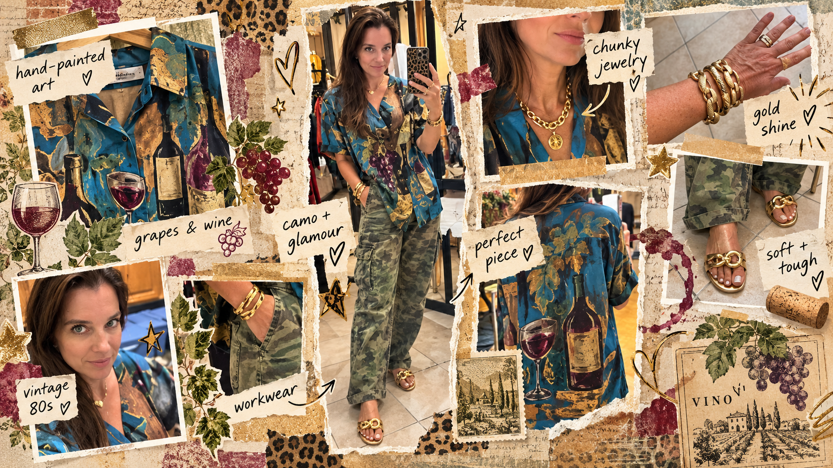 Vintage Hand-Painted Art and Gold Tone Fashion Jewelry With Modern Workwear 