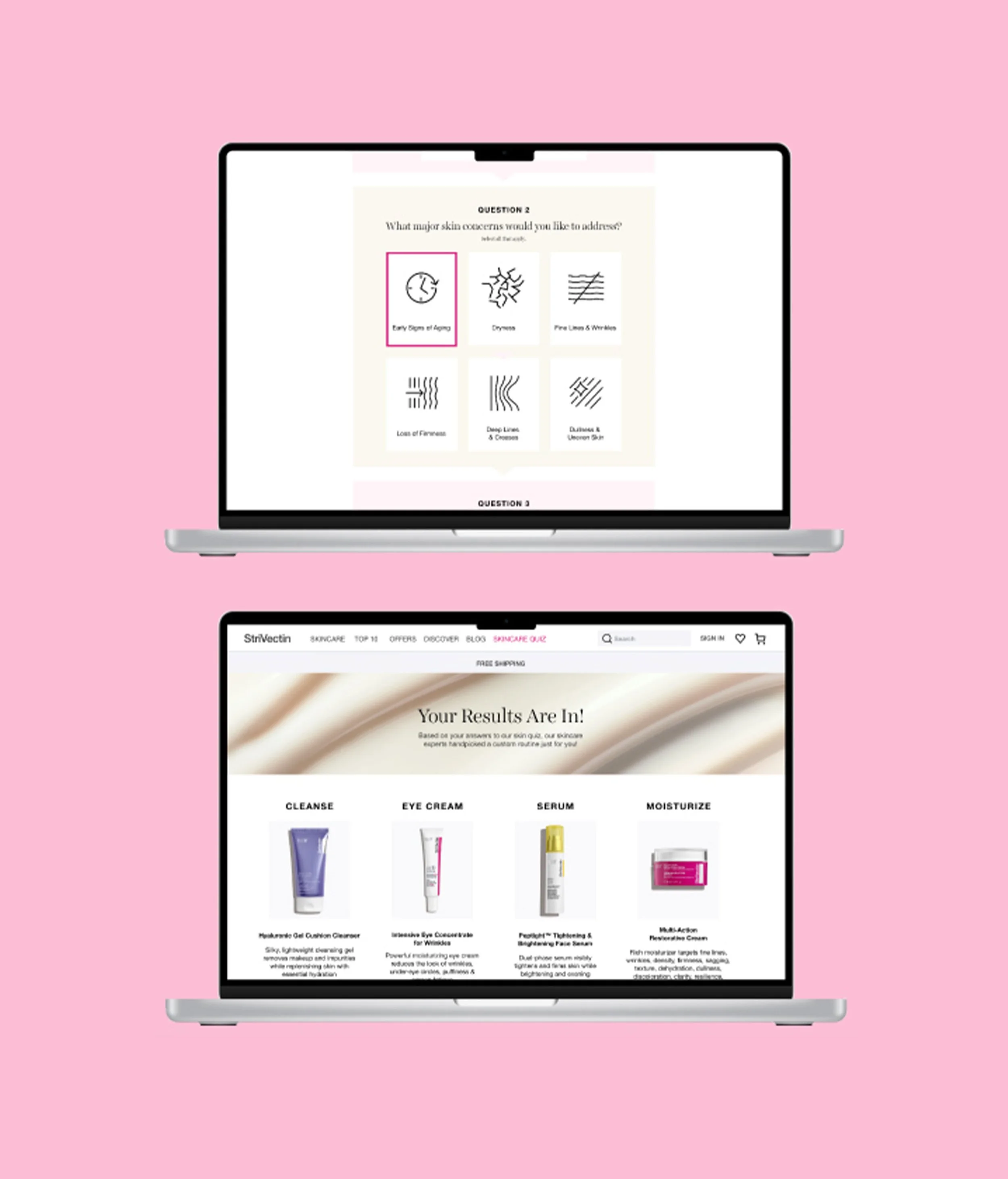 The experience also lived on desktop. The results page offered the user recommended products based on their answers. The user was required to enter in their email before getting their results.