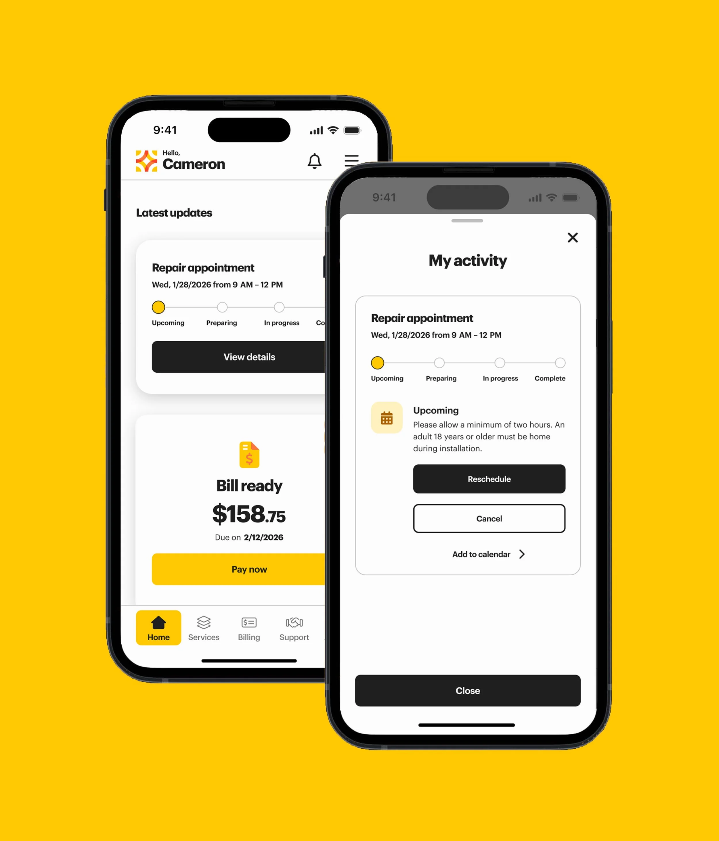 When the user has a pending appointment, a live tracker appears in the dashboard, detailing the expected steps.