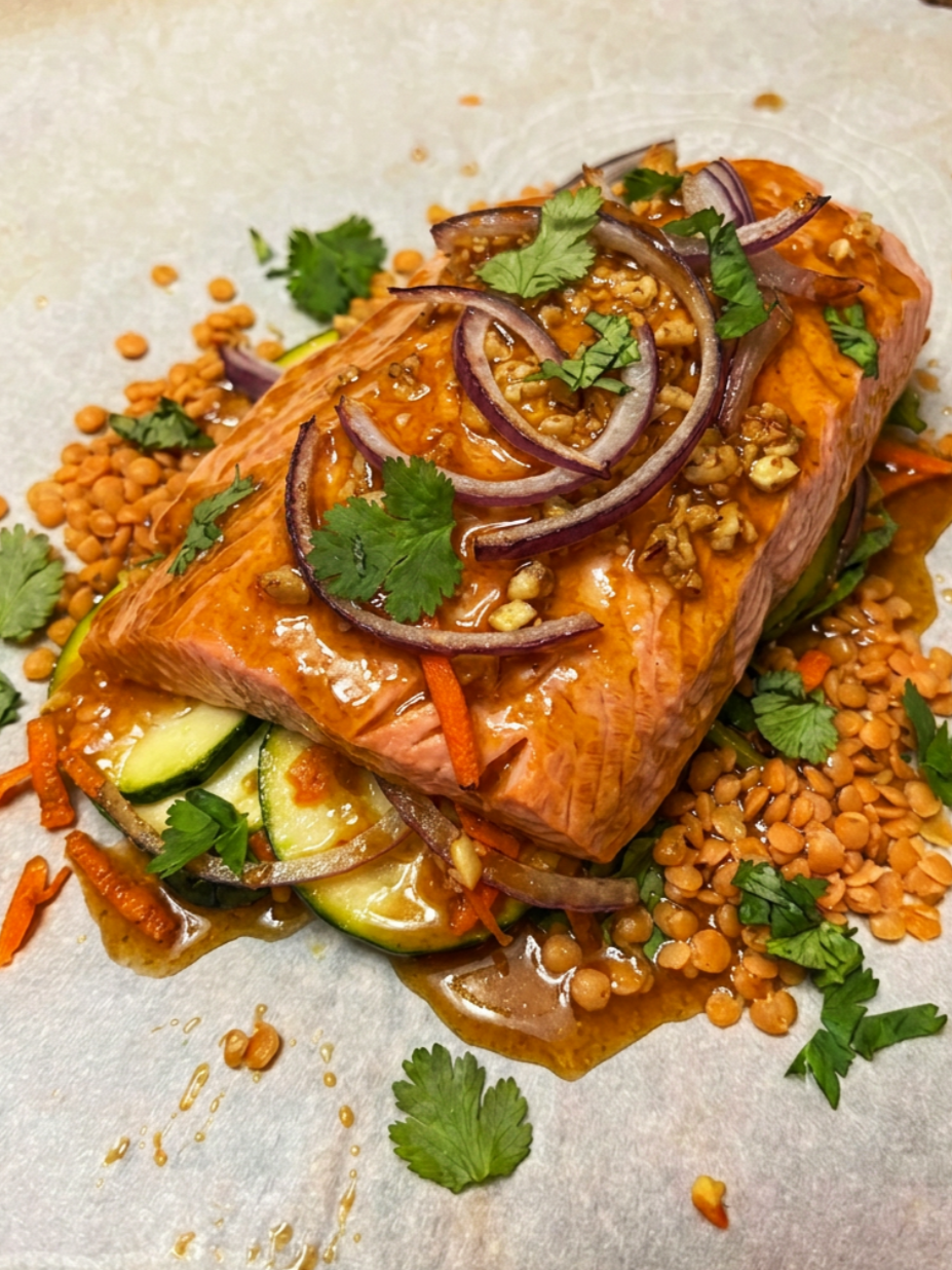 Ginger Lime Salmon en Papillote with Vegetables &amp; Lentils