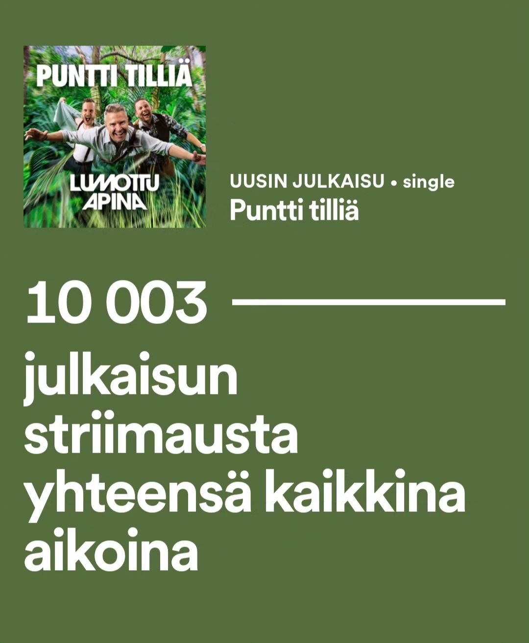 Wautsi, 10 000 striimi&auml; rikki jo nyt! 🥳🥳 Pieni, mutta ilahduttava merkkipaalu.😊 Upeeta, ett&auml; biisi on l&ouml;yt&auml;nyt tiens&auml; teid&auml;n soittimiin n&auml;inkin mukavasti, 
10 000 x kiitos.🙌🙌🙌

Kiitos my&ouml;s @spotifysuomi u