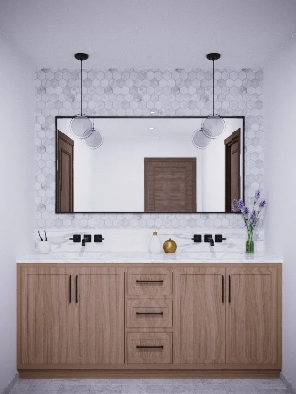 Double vanity with light wood cabinetry, marble countertop, hexagon tile backsplash, black-framed mirror, globe pendant lights, matte black wall-mounted faucets, and large-format floor tile.
