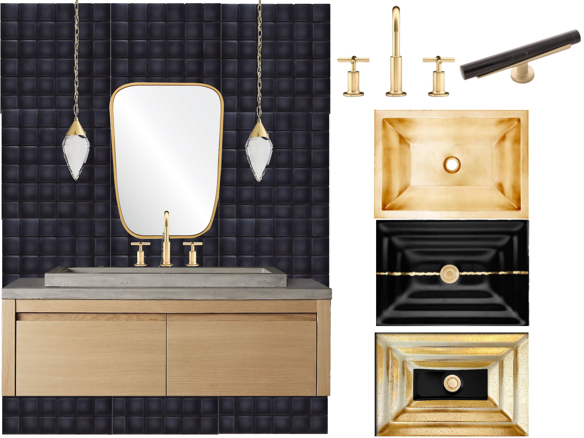 Floating wood vanity with integrated concrete sink, black tile feature wall, brass faucet, asymmetrical mirror, pendant lights, and coordinating brass, black, and wood material selections.