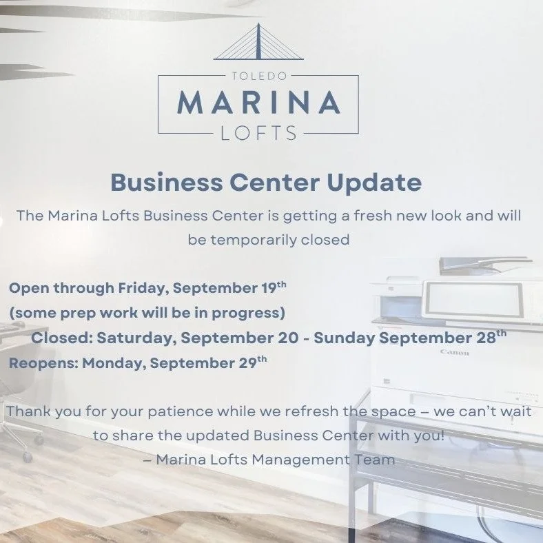 🚧 Business Center Update 🚧

Our Business Center will be getting a fresh new look with painting and updates! 🎨✨

✅ Open through Friday, Sept. 19 (prep work will be in progress)
⛔ Closed: Sept. 22 &ndash; Sept. 28
✨ Reopens: Sept. 29

Thank you for 