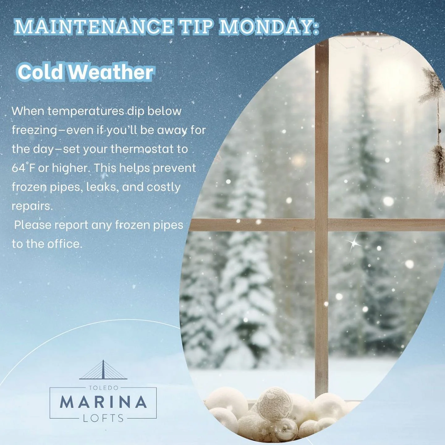 Brrr&hellip; it&rsquo;s cold out there! ❄️Help protect your home by keeping your thermostat at 64&deg;F or higher when it&rsquo;s below freezing, even if you&rsquo;re not home.If you experience frozen pipes, please report it to the office immediately