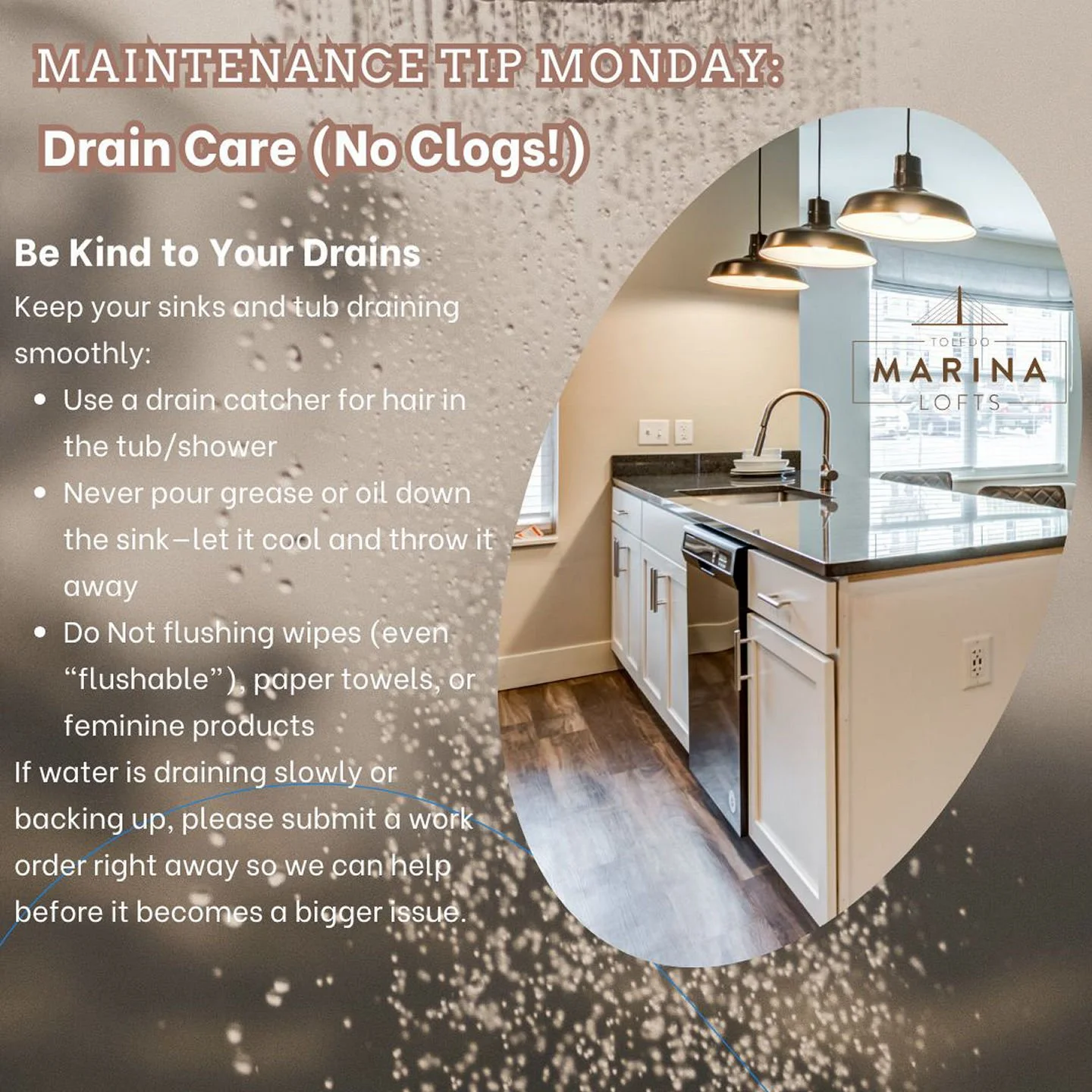 Maintenance Tip Monday &ndash; Drain Care (No Clogs!) Keep your sinks and tubs flowing smoothly at Marina Lofts:Use a drain catcher to help catch hair in the tub/showerNever pour grease or oil down the sink&mdash;let it cool, then throw it away Avoid
